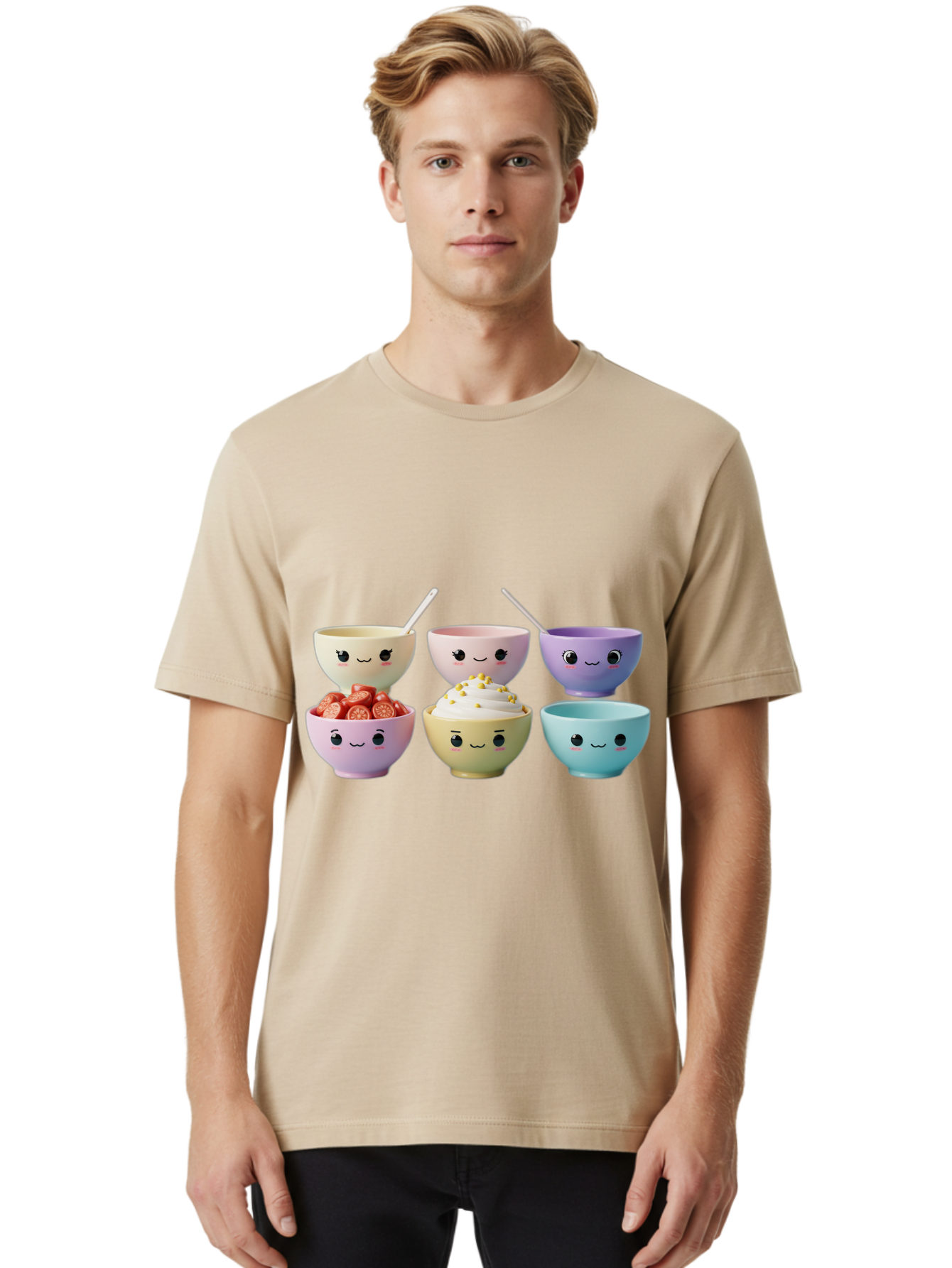 Cute-Bowls Men'S Graphic Tee, 100% Cotton, Comfortable Casual Summer Wear, Machine Washable, Cute Bowls, Dessert Bowls, Ice Cream Bowls, Cartoon Faces, Pastel Colors, Smiling Bowls, Food Bowls, Sweet Treats, Yogurt Bowls, Cartoon Desserts Baa432