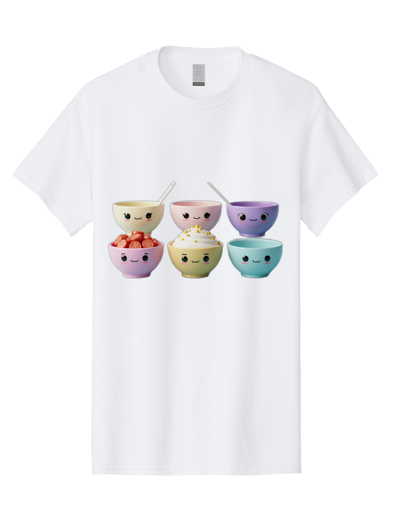 Cute-Bowls Men'S Graphic Tee, 100% Cotton, Comfortable Casual Summer Wear, Machine Washable, Cute Bowls, Dessert Bowls, Ice Cream Bowls, Cartoon Faces, Pastel Colors, Smiling Bowls, Food Bowls, Sweet Treats, Yogurt Bowls, Cartoon Desserts Baa432