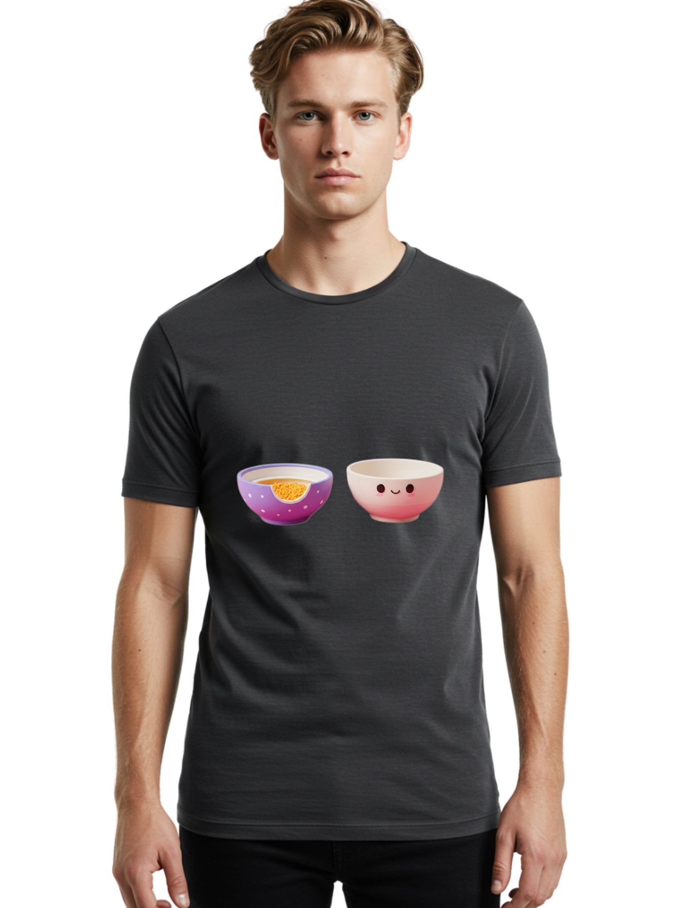 Cute-Ceramic-Bowls Men'S Graphic Tee, 100% Cotton, Comfortable Casual Summer Wear, Machine Washable, Kawaii Bowls, Happy Face, Cartoon Design, Ceramic Bowls, Minimalist Art, Cute Kitchenware, Breakfast Bowls, Dessert Bowls, Funny Faces, Baa433