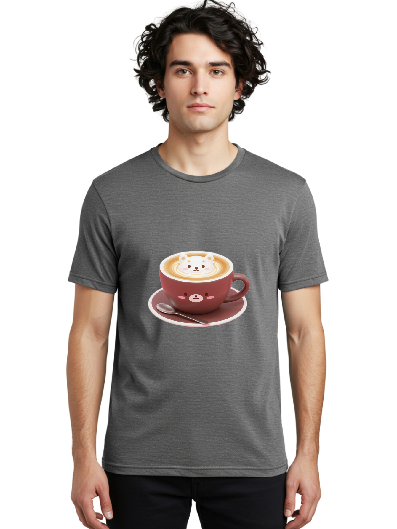 Cute-Coffee-Bear Men'S Graphic Tee, 100% Cotton, Comfortable Casual Summer Wear, Machine Washable, Coffee Latte Art, Bear Design, Cartoon Character, Coffee Cup, Saucer, Spoon, Cute Illustration, Kawaii, Morning Coffee, Bear Face Baa434