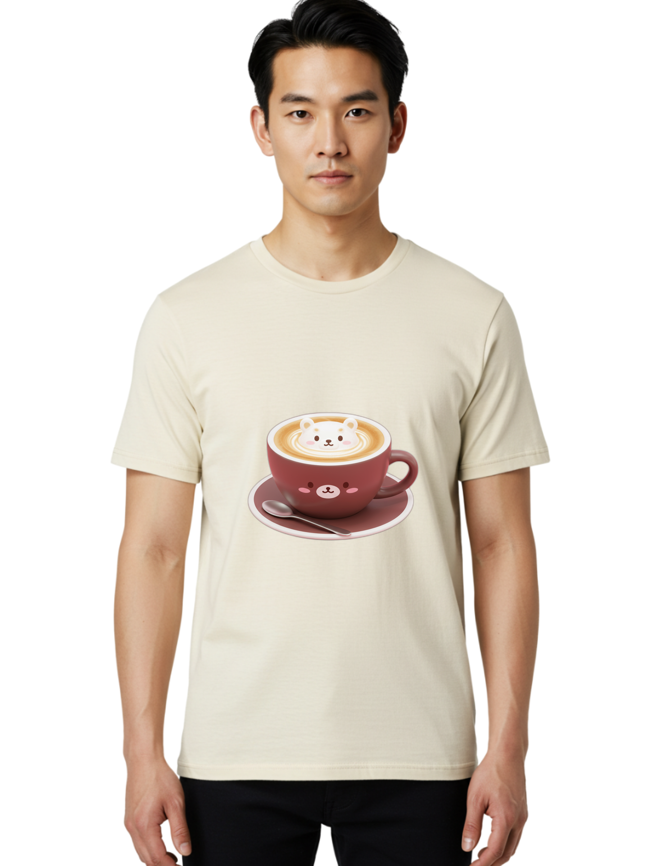 Cute-Coffee-Bear Men'S Graphic Tee, 100% Cotton, Comfortable Casual Summer Wear, Machine Washable, Coffee Latte Art, Bear Design, Cartoon Character, Coffee Cup, Saucer, Spoon, Cute Illustration, Kawaii, Morning Coffee, Bear Face Baa434