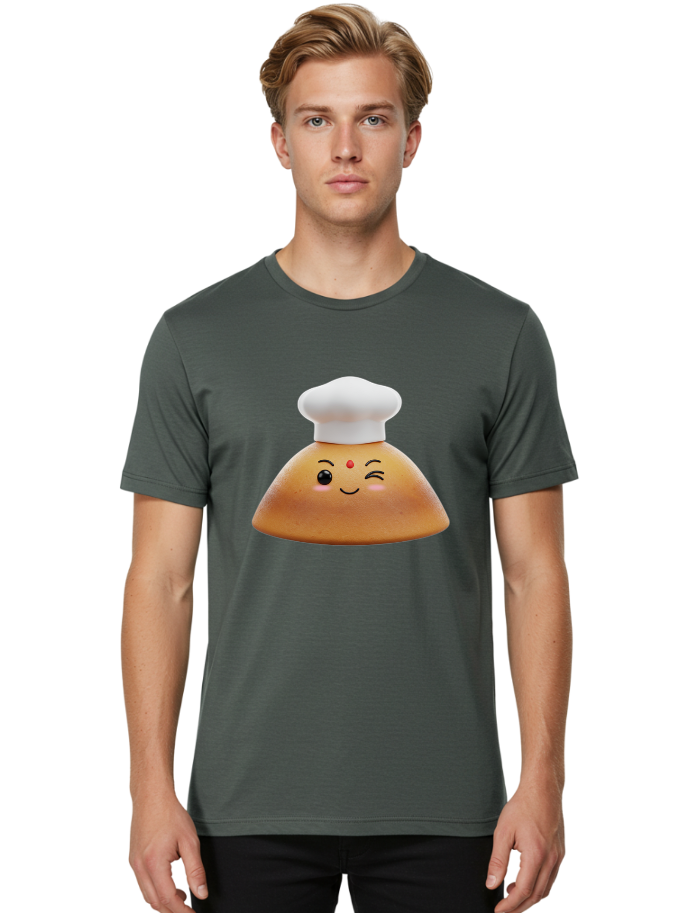 Cute-Dosa Men'S Graphic Tee, 100% Cotton, Comfortable Casual Summer Wear, Machine Washable, Cartoon Samosa, Chef Hat, Smiling Face, Cute Character, Playful Design, Food Illustration, Winking Eye, Red Bindi, Rosy Cheeks, Whimsical Art Baa436