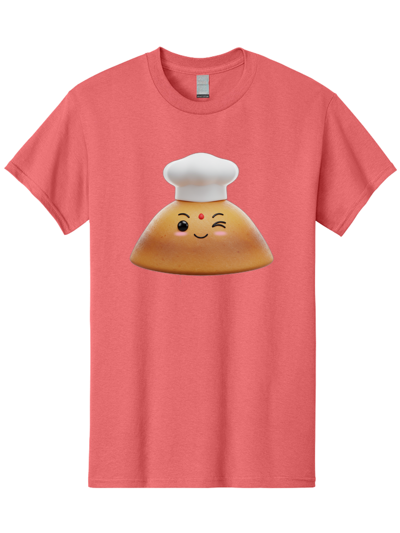 Cute-Dosa Men'S Graphic Tee, 100% Cotton, Comfortable Casual Summer Wear, Machine Washable, Cartoon Samosa, Chef Hat, Smiling Face, Cute Character, Playful Design, Food Illustration, Winking Eye, Red Bindi, Rosy Cheeks, Whimsical Art Baa436