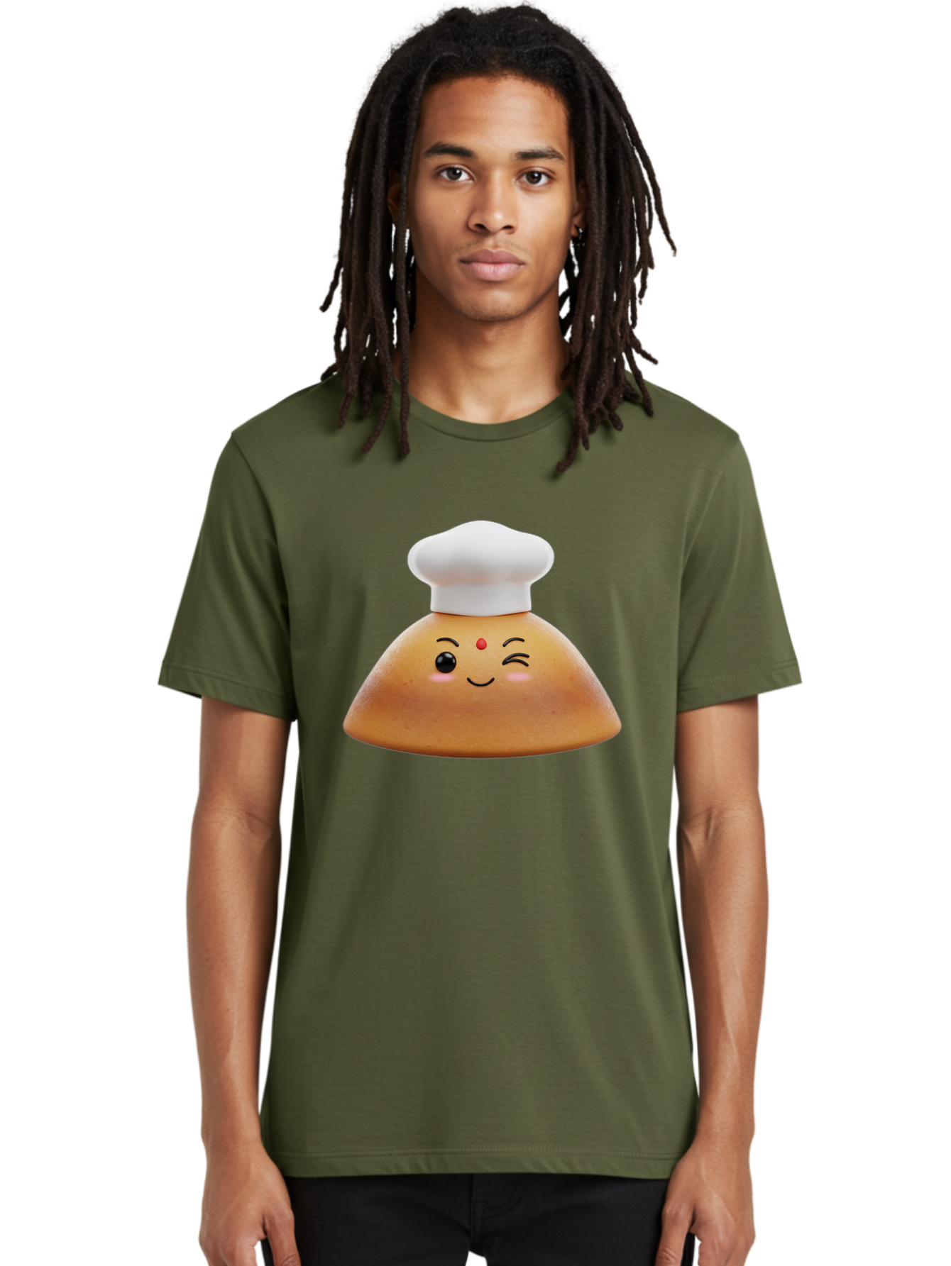 Cute-Dosa Men'S Graphic Tee, 100% Cotton, Comfortable Casual Summer Wear, Machine Washable, Cartoon Samosa, Chef Hat, Smiling Face, Cute Character, Playful Design, Food Illustration, Winking Eye, Red Bindi, Rosy Cheeks, Whimsical Art Baa436