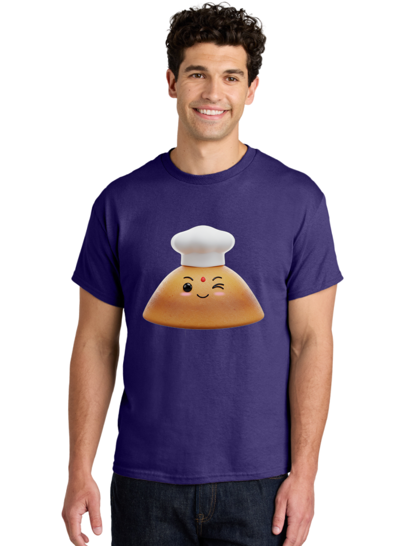 Cute-Dosa Men'S Graphic Tee, 100% Cotton, Comfortable Casual Summer Wear, Machine Washable, Cartoon Samosa, Chef Hat, Smiling Face, Cute Character, Playful Design, Food Illustration, Winking Eye, Red Bindi, Rosy Cheeks, Whimsical Art Baa436