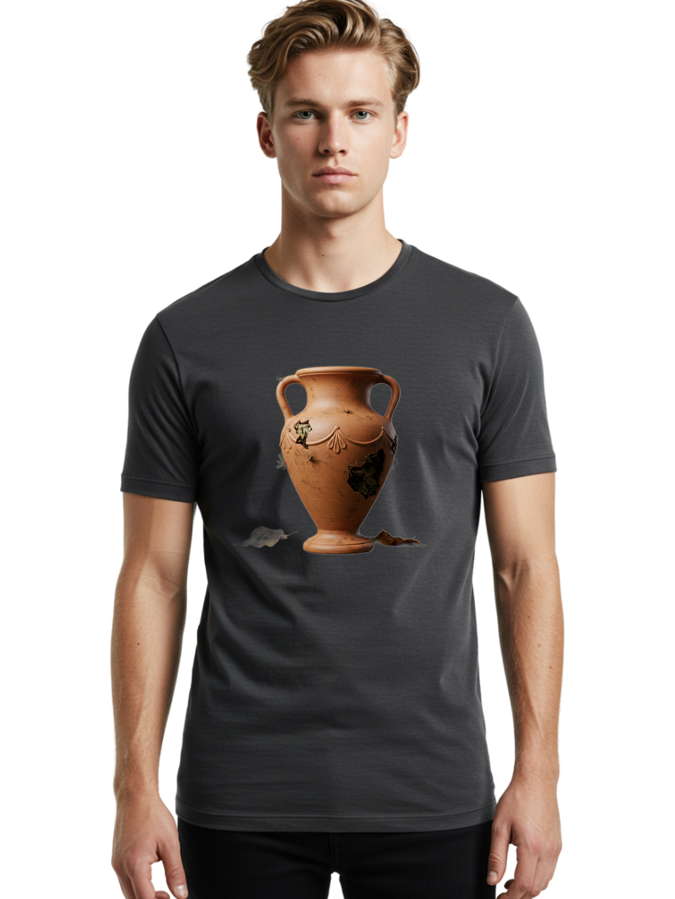 Damaged-Terracotta-Vase Men'S Graphic Tee, 100% Cotton, Comfortable Casual Summer Wear, Machine Washable, Terracotta Vase, Broken Pottery, Ancient Artifact, Historical Relic, Damaged Ceramics, Antique Vase, Crumbling Clay, Ruined Pottery, Baa438