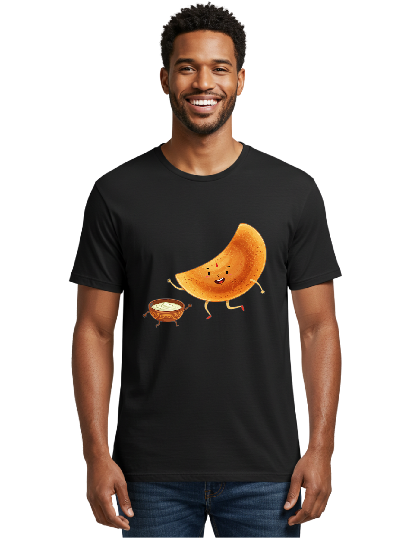 Dancing-Dosa Men'S Graphic Tee, 100% Cotton, Comfortable Casual Summer Wear, Machine Washable, Happy Papadum, Cartoon Character, Papadum With Legs, Papadum And Chutney, Indian Cuisine, Smiling Papadum, Anthropomorphic Food, Baa440