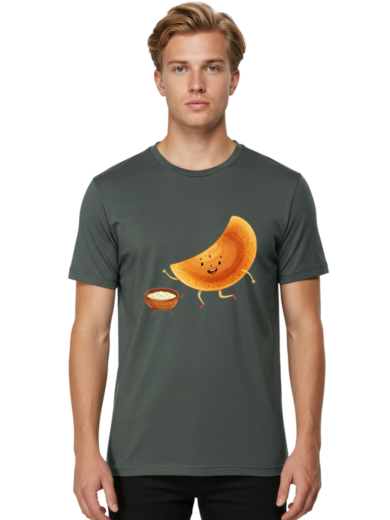 Dancing-Dosa Men'S Graphic Tee, 100% Cotton, Comfortable Casual Summer Wear, Machine Washable, Happy Papadum, Cartoon Character, Papadum With Legs, Papadum And Chutney, Indian Cuisine, Smiling Papadum, Anthropomorphic Food, Baa440