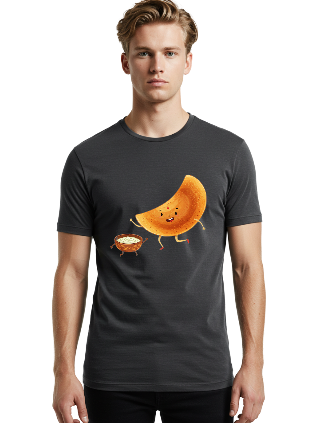 Dancing-Dosa Men'S Graphic Tee, 100% Cotton, Comfortable Casual Summer Wear, Machine Washable, Happy Papadum, Cartoon Character, Papadum With Legs, Papadum And Chutney, Indian Cuisine, Smiling Papadum, Anthropomorphic Food, Baa440