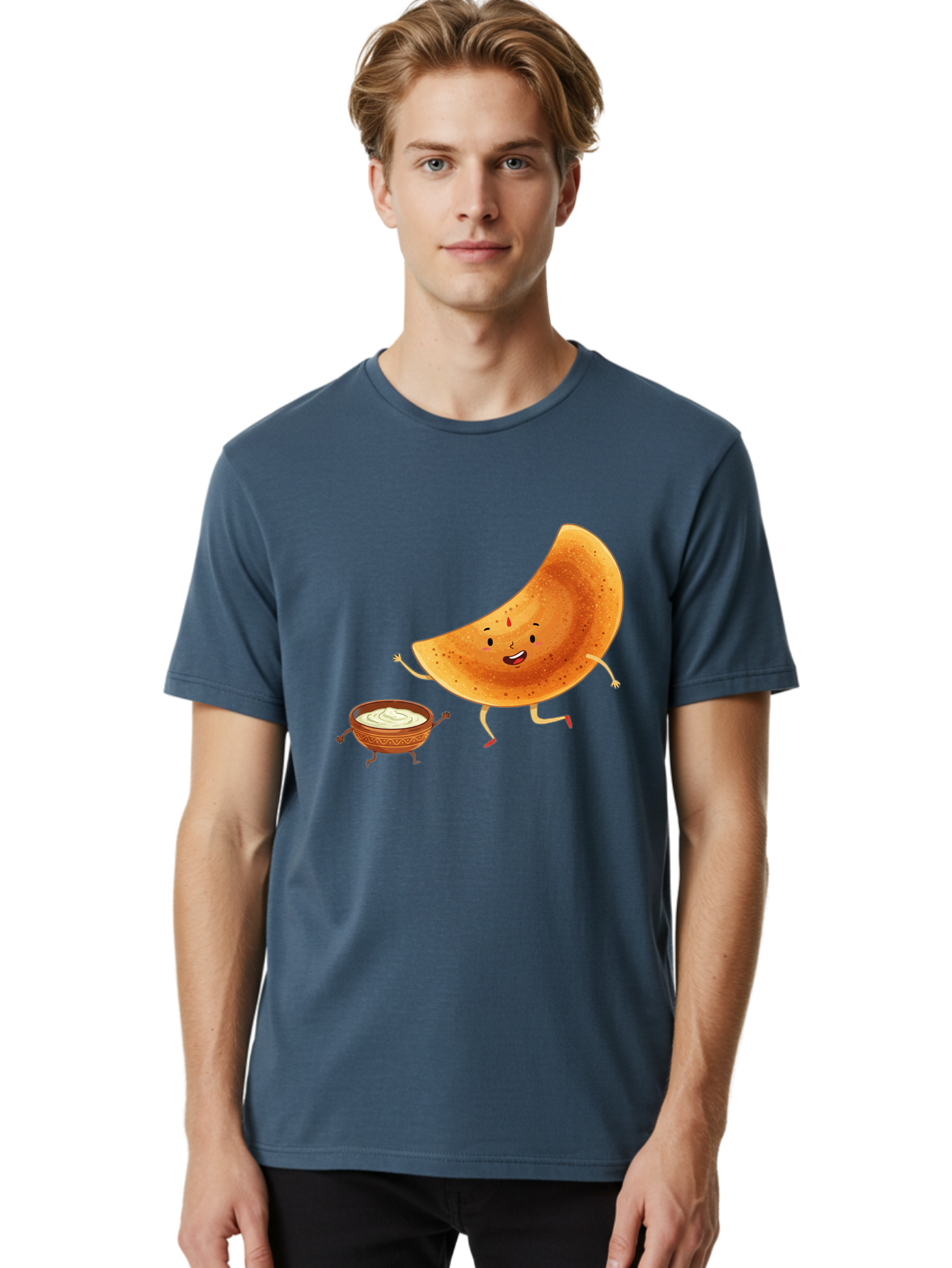 Dancing-Dosa Men'S Graphic Tee, 100% Cotton, Comfortable Casual Summer Wear, Machine Washable, Happy Papadum, Cartoon Character, Papadum With Legs, Papadum And Chutney, Indian Cuisine, Smiling Papadum, Anthropomorphic Food, Baa440