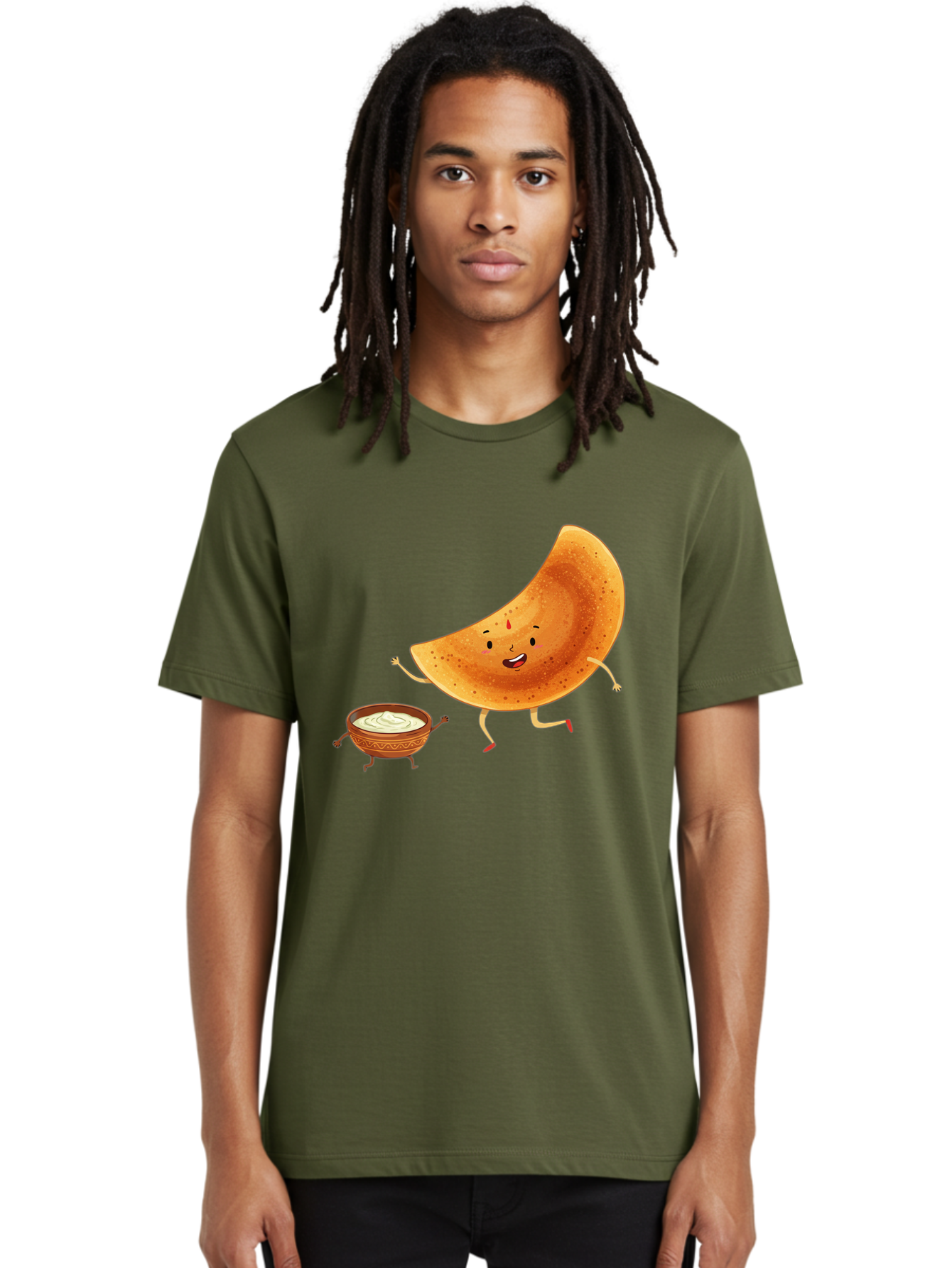 Dancing-Dosa Men'S Graphic Tee, 100% Cotton, Comfortable Casual Summer Wear, Machine Washable, Happy Papadum, Cartoon Character, Papadum With Legs, Papadum And Chutney, Indian Cuisine, Smiling Papadum, Anthropomorphic Food, Baa440