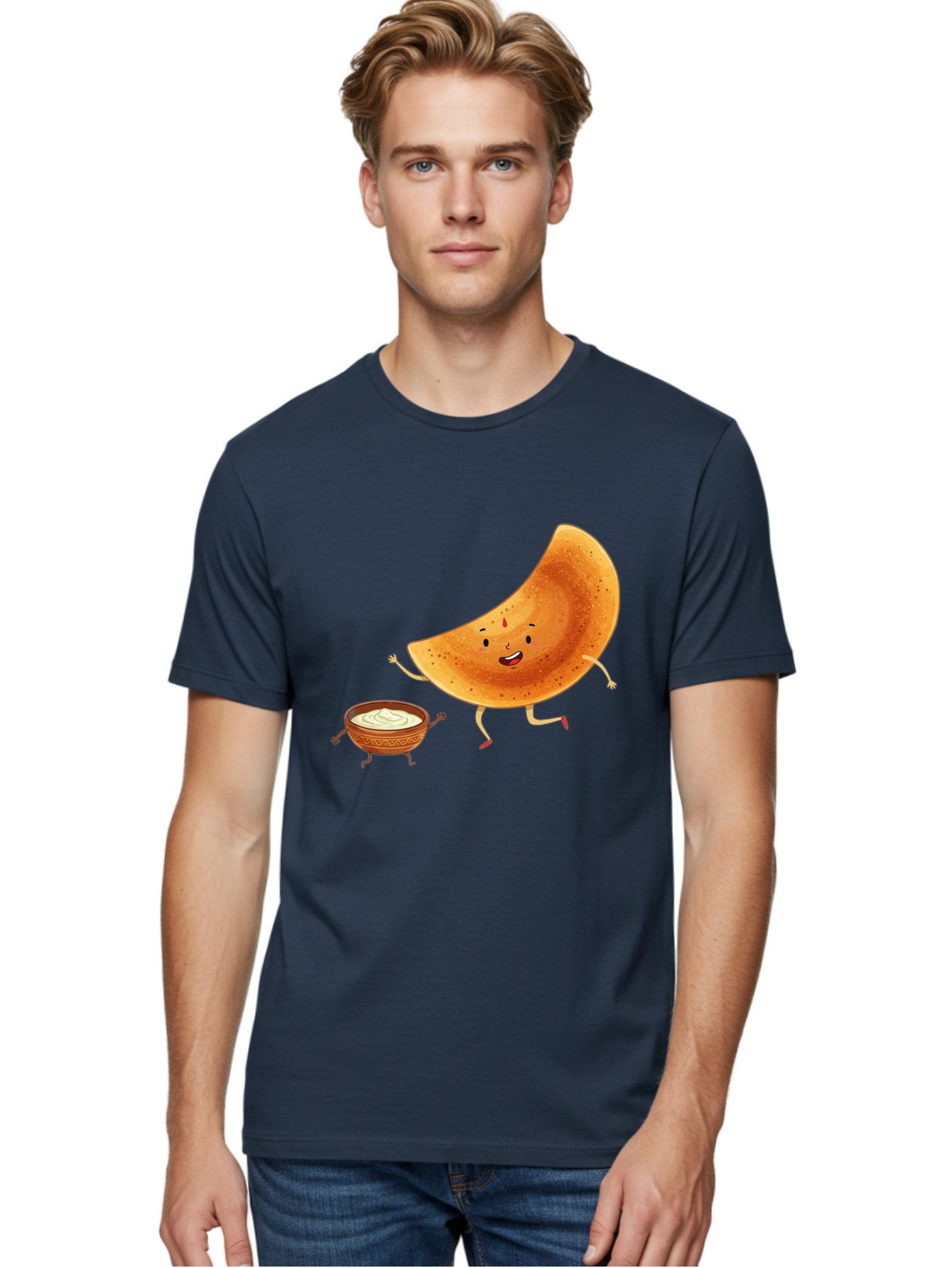 Dancing-Dosa Men'S Graphic Tee, 100% Cotton, Comfortable Casual Summer Wear, Machine Washable, Happy Papadum, Cartoon Character, Papadum With Legs, Papadum And Chutney, Indian Cuisine, Smiling Papadum, Anthropomorphic Food, Baa440