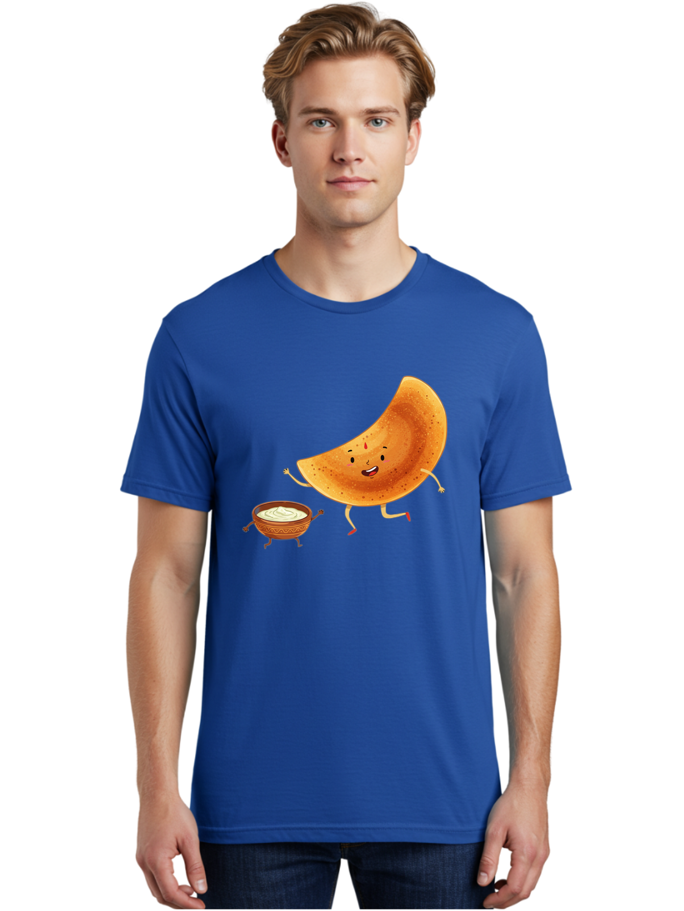 Dancing-Dosa Men'S Graphic Tee, 100% Cotton, Comfortable Casual Summer Wear, Machine Washable, Happy Papadum, Cartoon Character, Papadum With Legs, Papadum And Chutney, Indian Cuisine, Smiling Papadum, Anthropomorphic Food, Baa440