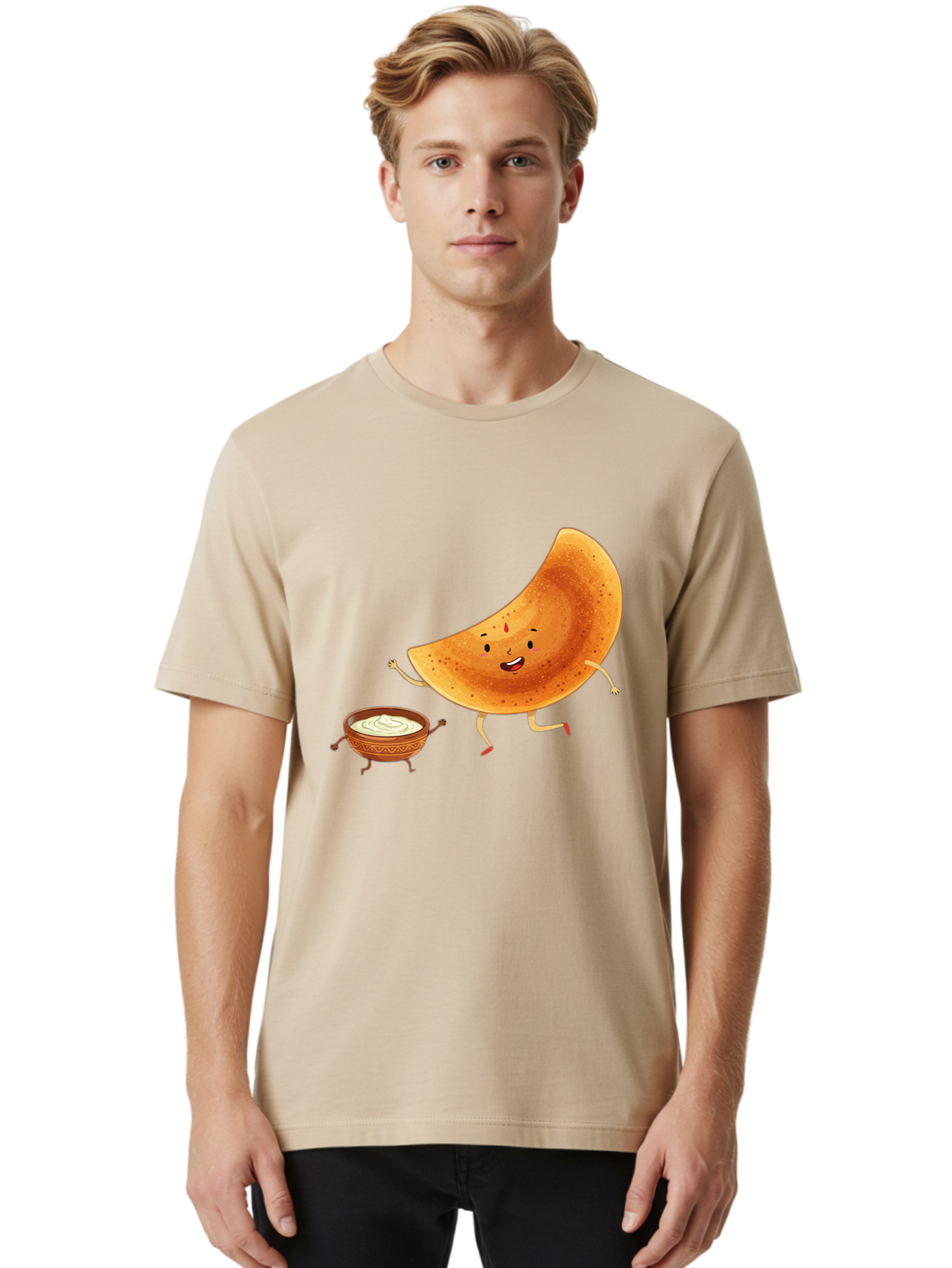 Dancing-Dosa Men'S Graphic Tee, 100% Cotton, Comfortable Casual Summer Wear, Machine Washable, Happy Papadum, Cartoon Character, Papadum With Legs, Papadum And Chutney, Indian Cuisine, Smiling Papadum, Anthropomorphic Food, Baa440