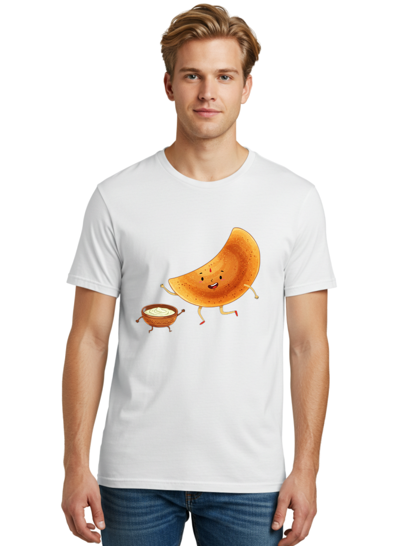 Dancing-Dosa Men'S Graphic Tee, 100% Cotton, Comfortable Casual Summer Wear, Machine Washable, Happy Papadum, Cartoon Character, Papadum With Legs, Papadum And Chutney, Indian Cuisine, Smiling Papadum, Anthropomorphic Food, Baa440