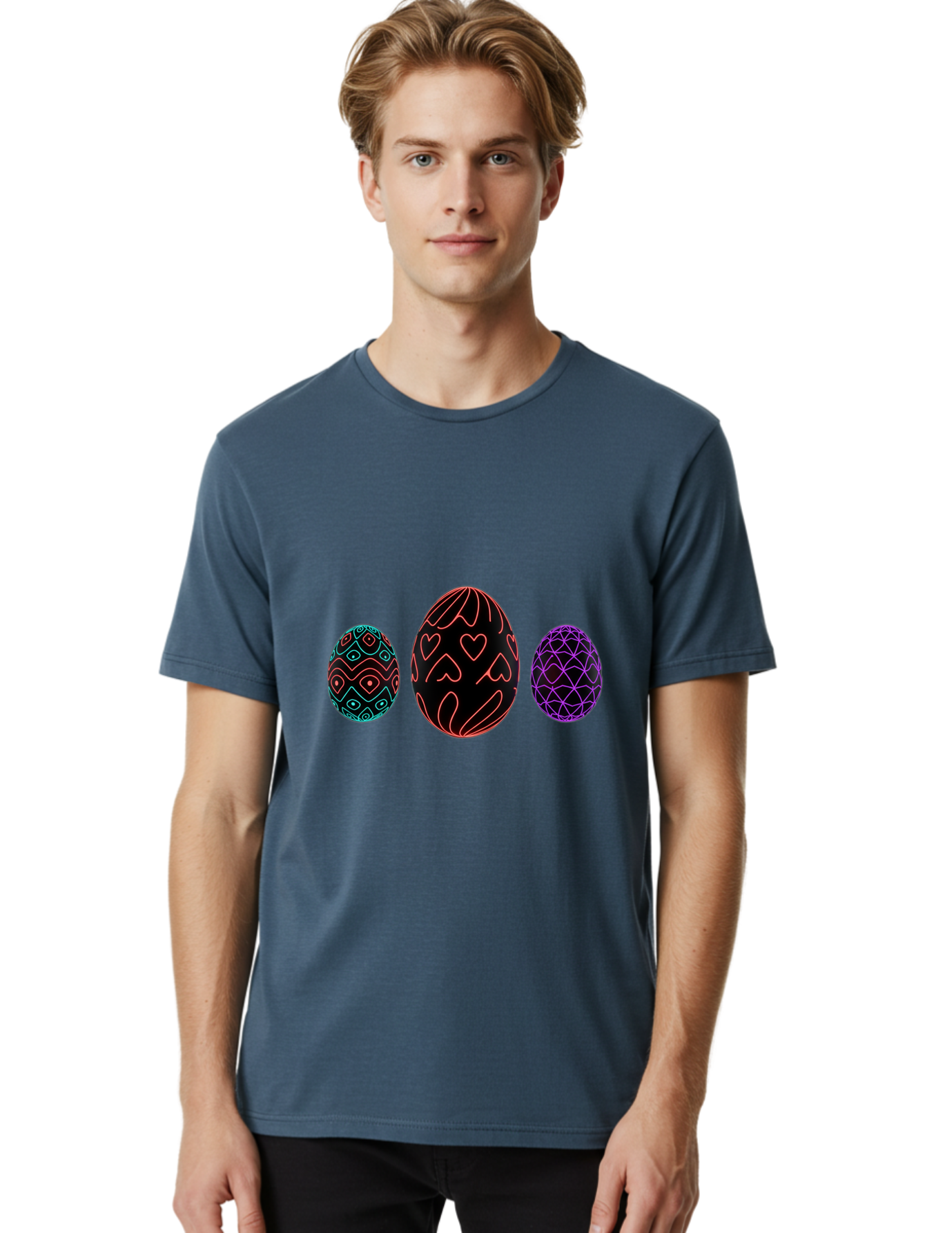 Decorative-Eggs Men'S Graphic Tee, 100% Cotton, Comfortable Casual Summer Wear, Machine Washable, Decorated Eggs, Easter Eggs, Colorful Patterns, Abstract Designs, Heart Motifs, Geometric Shapes, Festive, Vibrant Colors, Easter Celebration Baa443