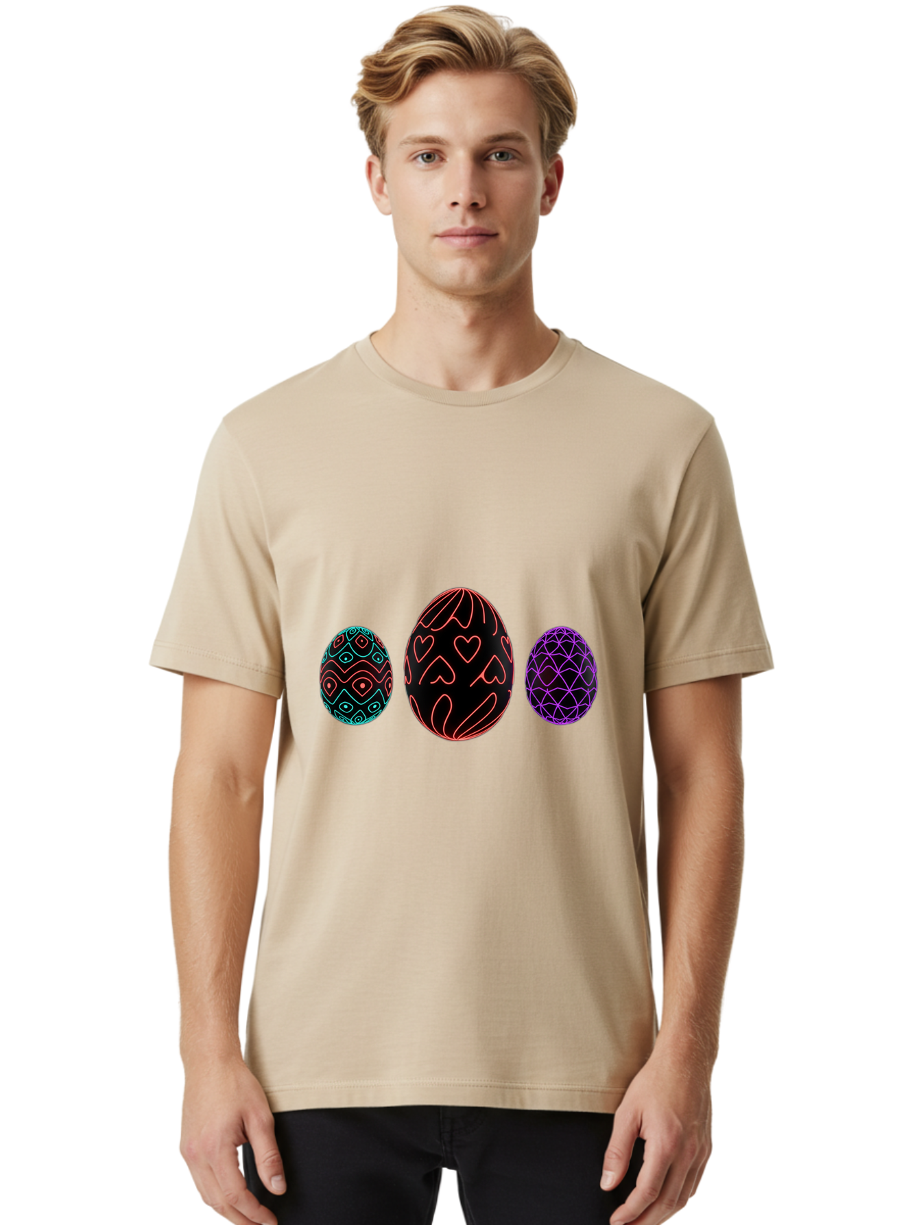 Decorative-Eggs Men'S Graphic Tee, 100% Cotton, Comfortable Casual Summer Wear, Machine Washable, Decorated Eggs, Easter Eggs, Colorful Patterns, Abstract Designs, Heart Motifs, Geometric Shapes, Festive, Vibrant Colors, Easter Celebration Baa443
