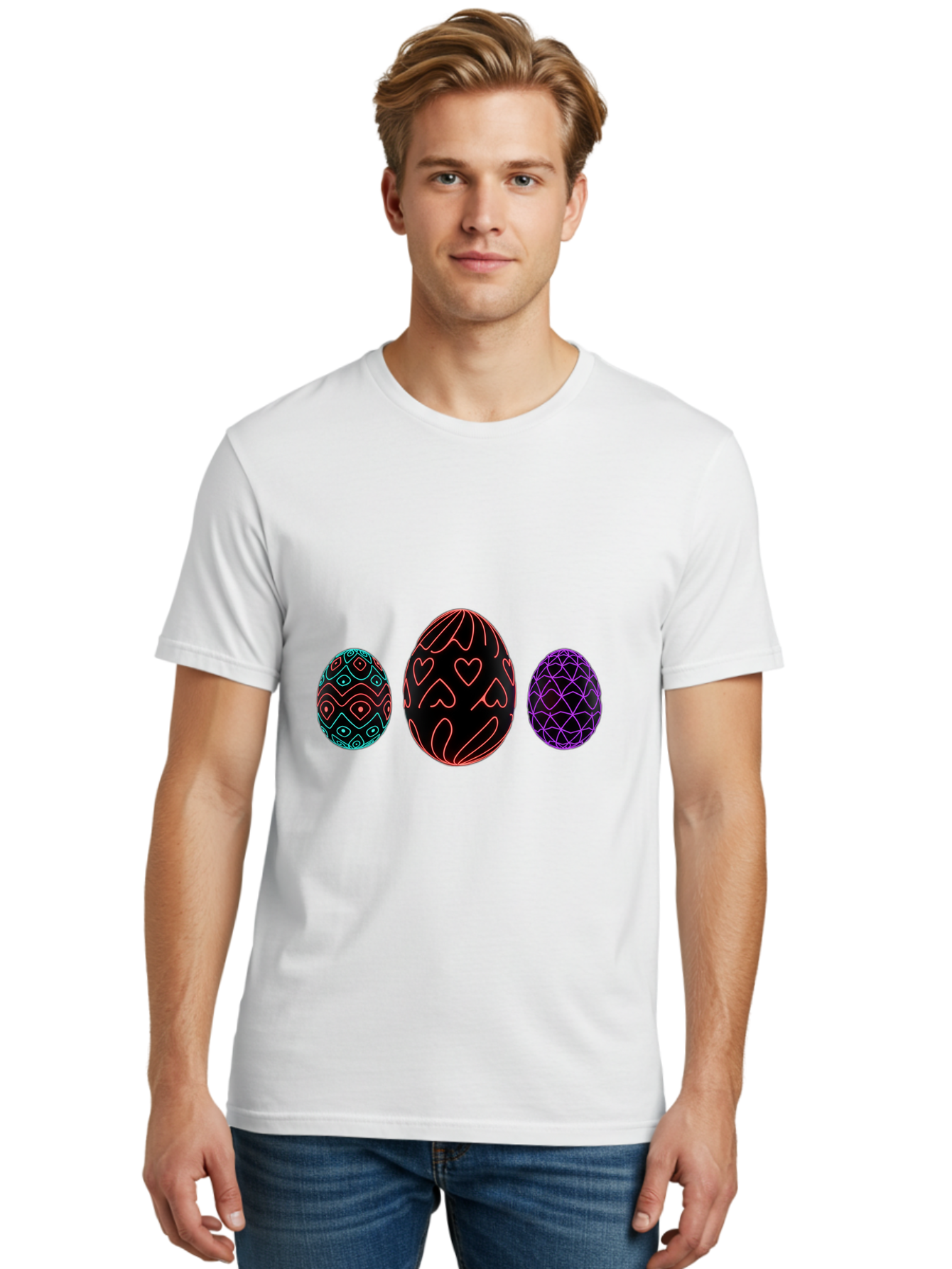 Decorative-Eggs Men'S Graphic Tee, 100% Cotton, Comfortable Casual Summer Wear, Machine Washable, Decorated Eggs, Easter Eggs, Colorful Patterns, Abstract Designs, Heart Motifs, Geometric Shapes, Festive, Vibrant Colors, Easter Celebration Baa443