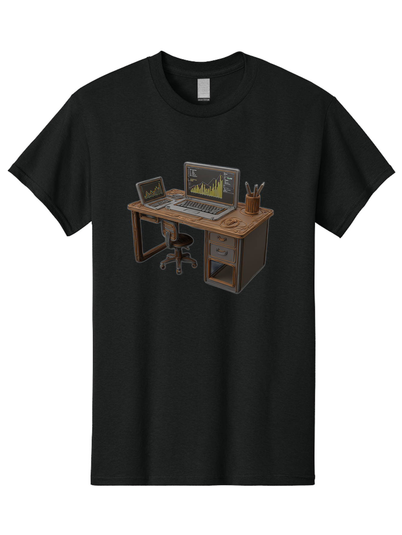 Desk-With-Laptops-And-Stationery Men'S Graphic Tee, 100% Cotton, Comfortable Casual Summer Wear, Machine Washable, Dual Laptop Setup, Home Office, Productivity, Wooden Desk, Office Supplies, Graphs On Screens, Tech Workspace, Workflow, Baa446
