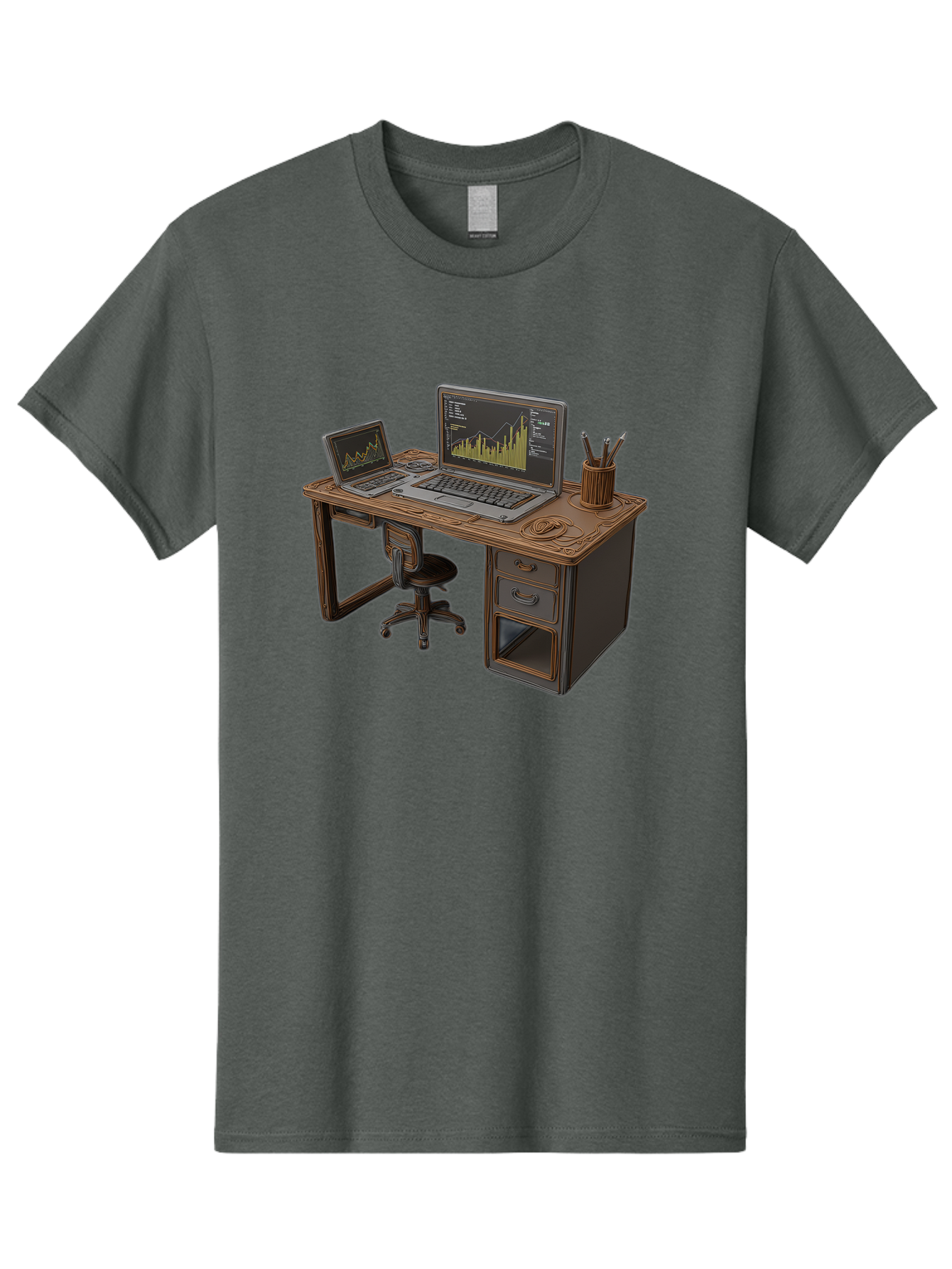 Desk-With-Laptops-And-Stationery Men'S Graphic Tee, 100% Cotton, Comfortable Casual Summer Wear, Machine Washable, Dual Laptop Setup, Home Office, Productivity, Wooden Desk, Office Supplies, Graphs On Screens, Tech Workspace, Workflow, Baa446
