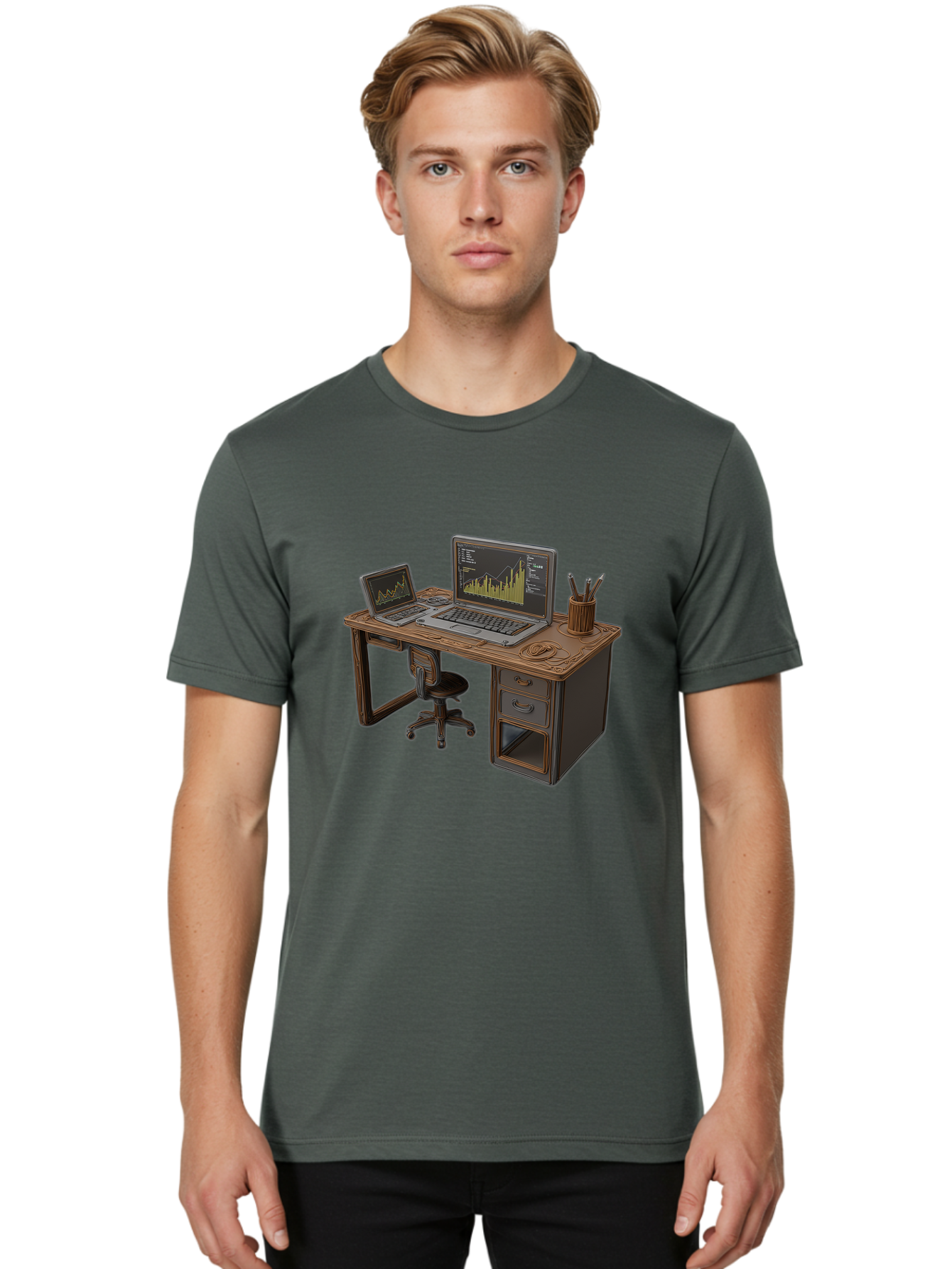 Desk-With-Laptops-And-Stationery Men'S Graphic Tee, 100% Cotton, Comfortable Casual Summer Wear, Machine Washable, Dual Laptop Setup, Home Office, Productivity, Wooden Desk, Office Supplies, Graphs On Screens, Tech Workspace, Workflow, Baa446