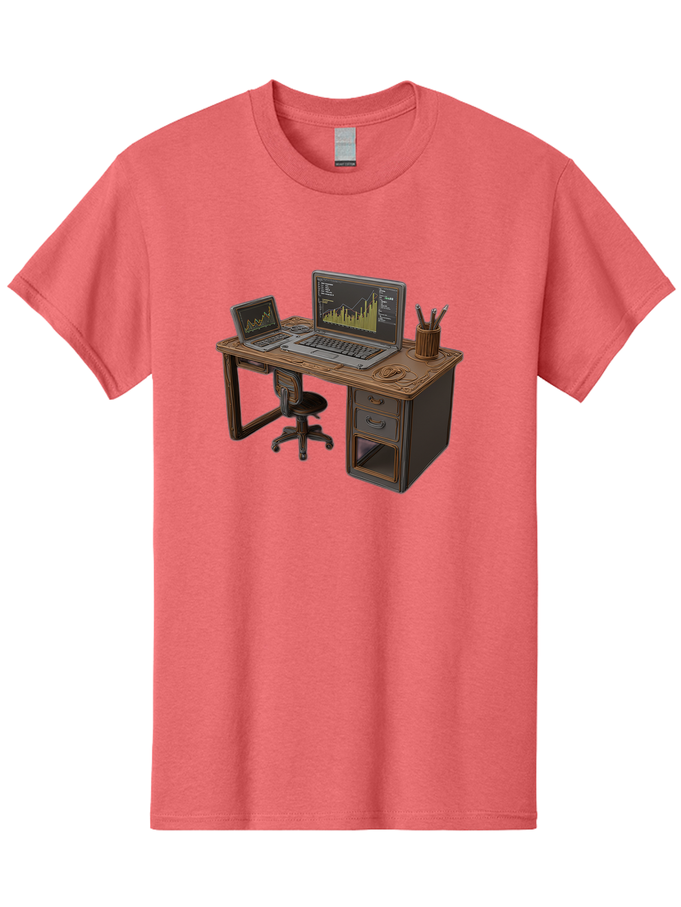 Desk-With-Laptops-And-Stationery Men'S Graphic Tee, 100% Cotton, Comfortable Casual Summer Wear, Machine Washable, Dual Laptop Setup, Home Office, Productivity, Wooden Desk, Office Supplies, Graphs On Screens, Tech Workspace, Workflow, Baa446