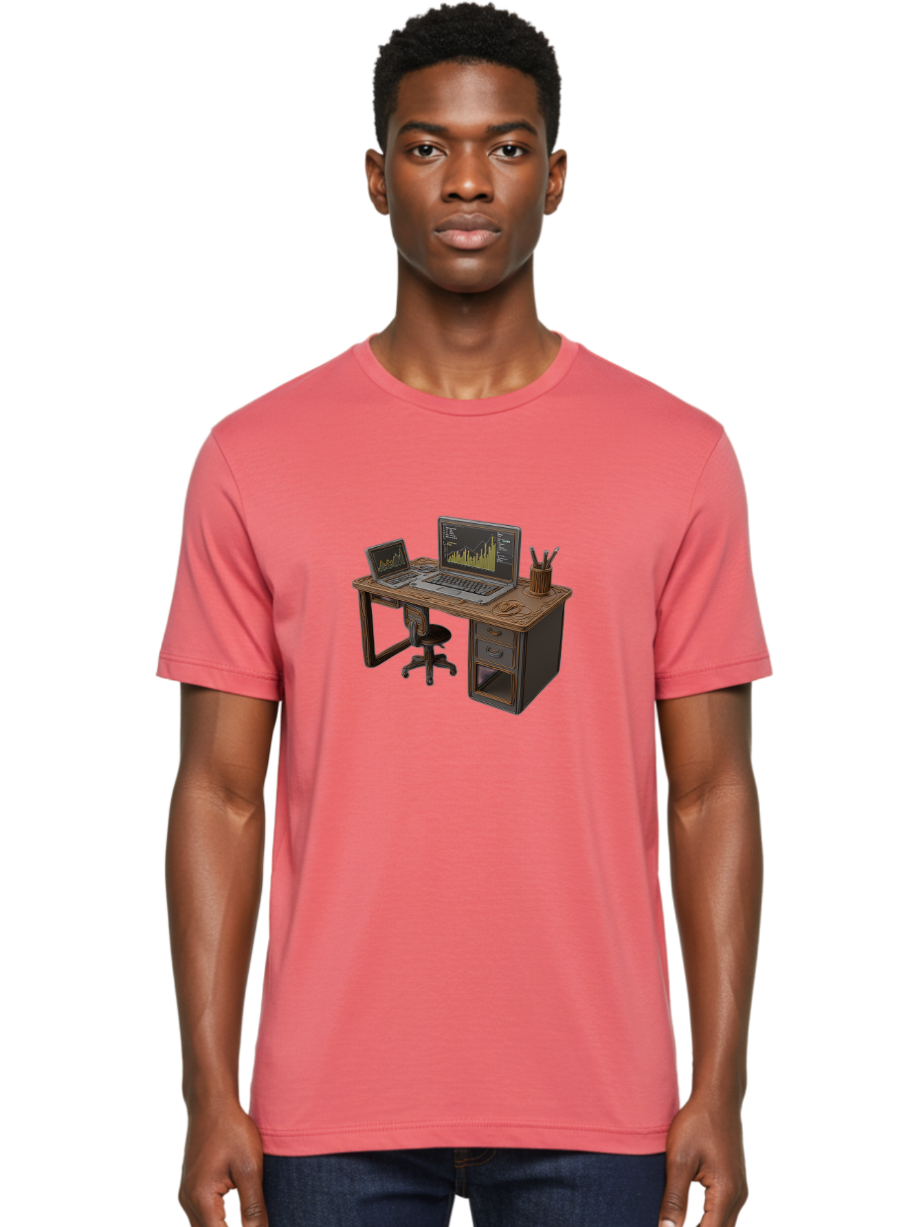 Desk-With-Laptops-And-Stationery Men'S Graphic Tee, 100% Cotton, Comfortable Casual Summer Wear, Machine Washable, Dual Laptop Setup, Home Office, Productivity, Wooden Desk, Office Supplies, Graphs On Screens, Tech Workspace, Workflow, Baa446