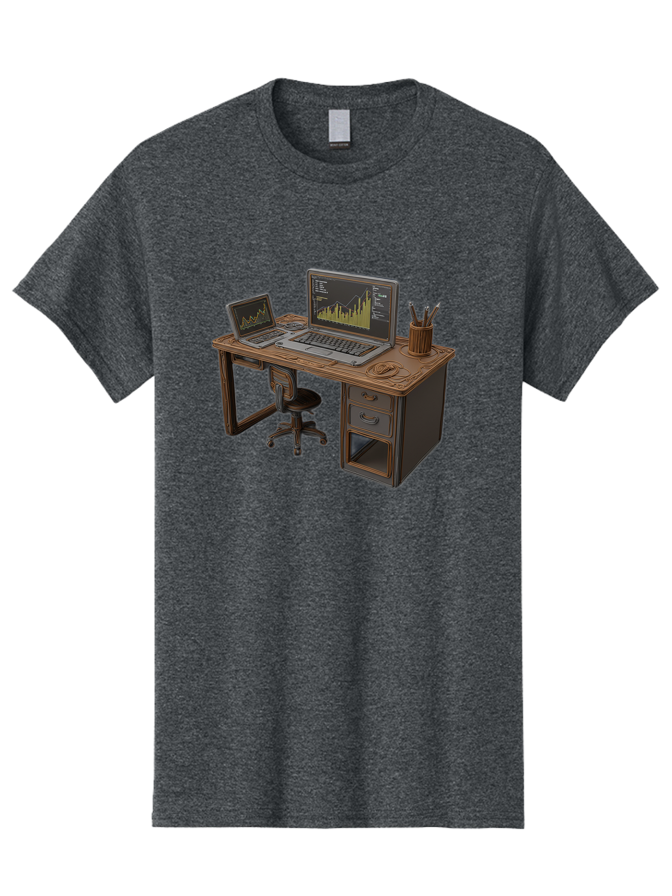 Desk-With-Laptops-And-Stationery Men'S Graphic Tee, 100% Cotton, Comfortable Casual Summer Wear, Machine Washable, Dual Laptop Setup, Home Office, Productivity, Wooden Desk, Office Supplies, Graphs On Screens, Tech Workspace, Workflow, Baa446