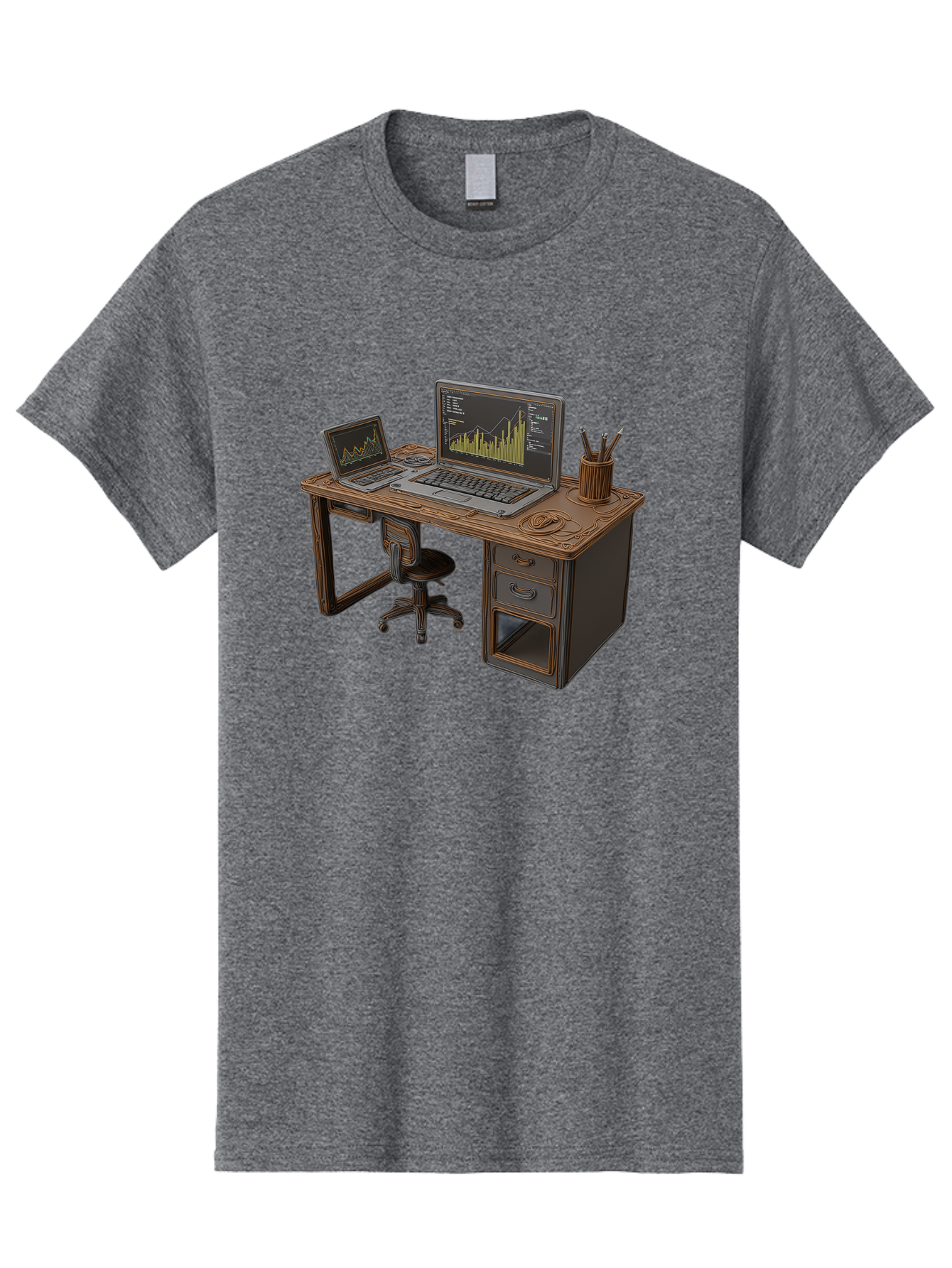 Desk-With-Laptops-And-Stationery Men'S Graphic Tee, 100% Cotton, Comfortable Casual Summer Wear, Machine Washable, Dual Laptop Setup, Home Office, Productivity, Wooden Desk, Office Supplies, Graphs On Screens, Tech Workspace, Workflow, Baa446