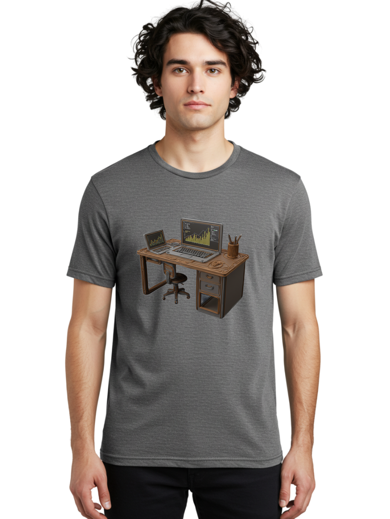 Desk-With-Laptops-And-Stationery Men'S Graphic Tee, 100% Cotton, Comfortable Casual Summer Wear, Machine Washable, Dual Laptop Setup, Home Office, Productivity, Wooden Desk, Office Supplies, Graphs On Screens, Tech Workspace, Workflow, Baa446