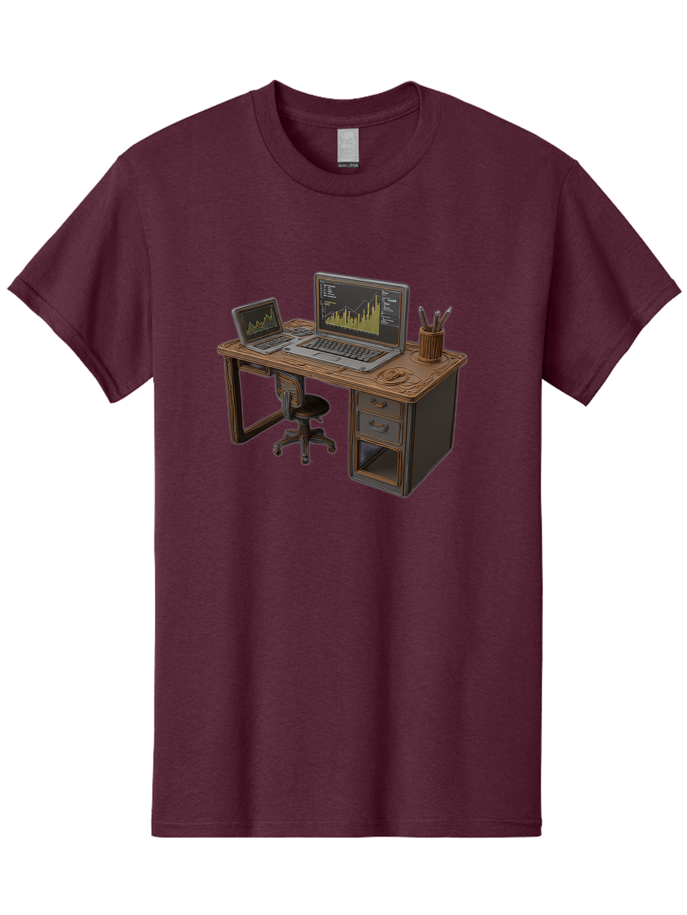 Desk-With-Laptops-And-Stationery Men'S Graphic Tee, 100% Cotton, Comfortable Casual Summer Wear, Machine Washable, Dual Laptop Setup, Home Office, Productivity, Wooden Desk, Office Supplies, Graphs On Screens, Tech Workspace, Workflow, Baa446