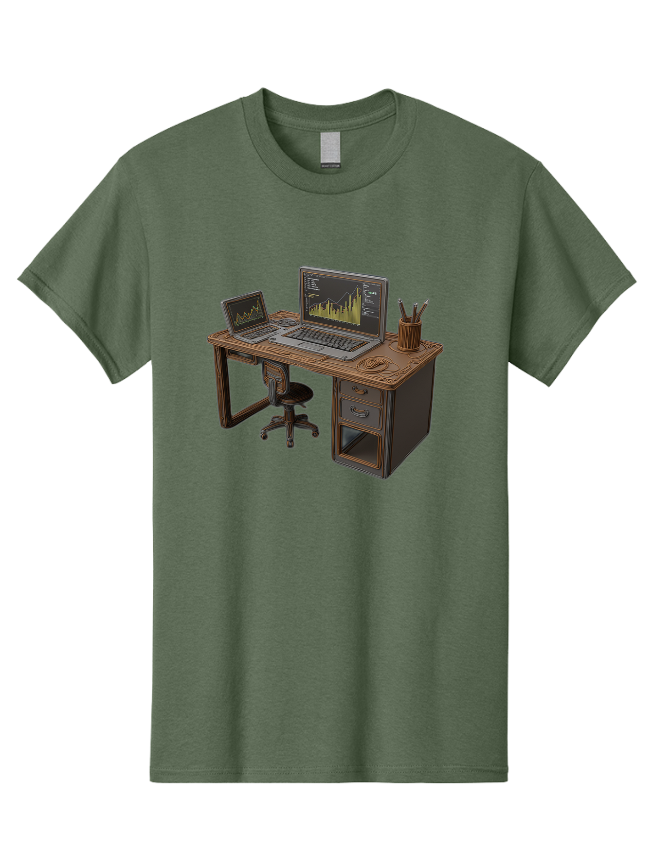 Desk-With-Laptops-And-Stationery Men'S Graphic Tee, 100% Cotton, Comfortable Casual Summer Wear, Machine Washable, Dual Laptop Setup, Home Office, Productivity, Wooden Desk, Office Supplies, Graphs On Screens, Tech Workspace, Workflow, Baa446