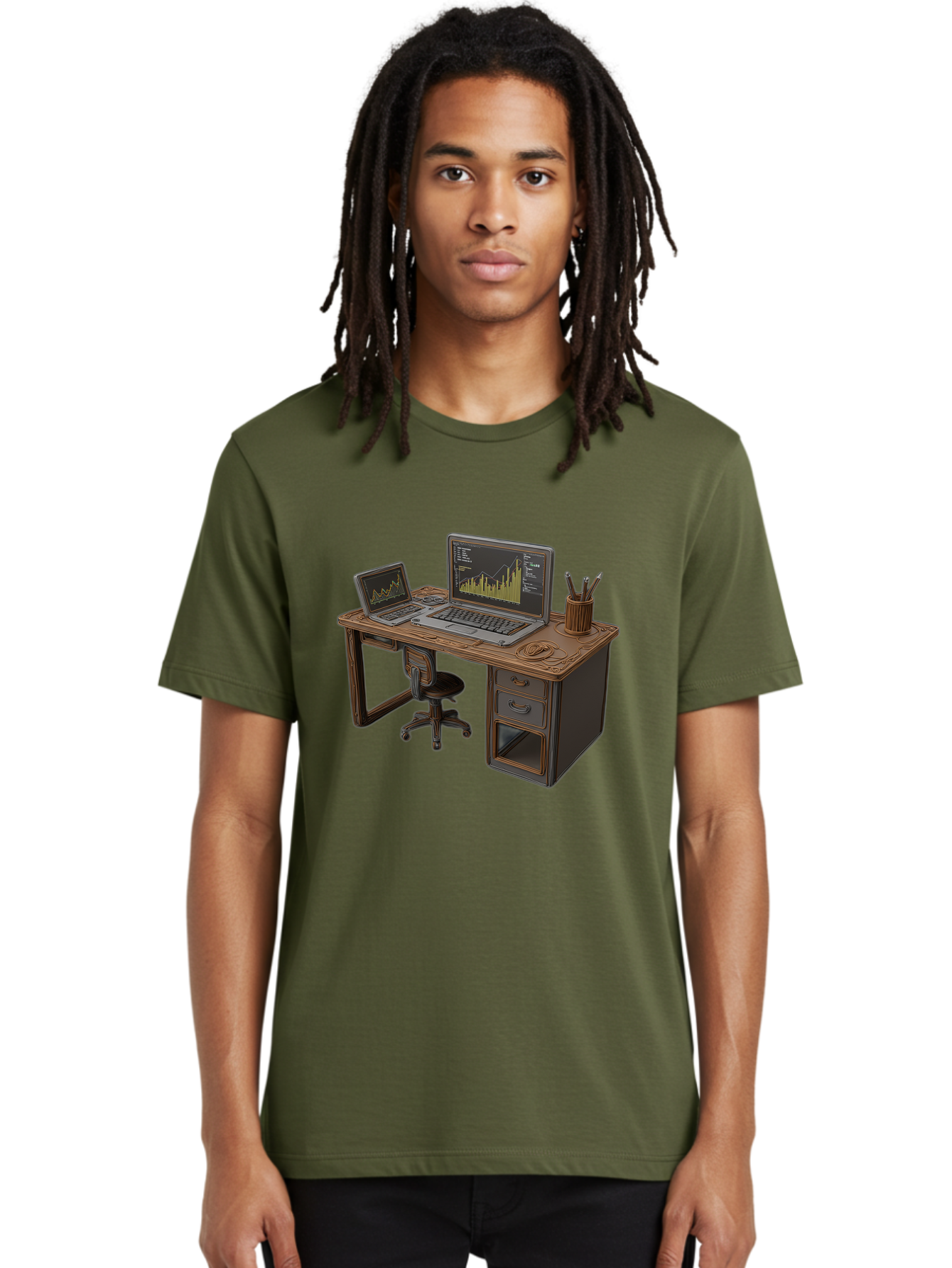 Desk-With-Laptops-And-Stationery Men'S Graphic Tee, 100% Cotton, Comfortable Casual Summer Wear, Machine Washable, Dual Laptop Setup, Home Office, Productivity, Wooden Desk, Office Supplies, Graphs On Screens, Tech Workspace, Workflow, Baa446