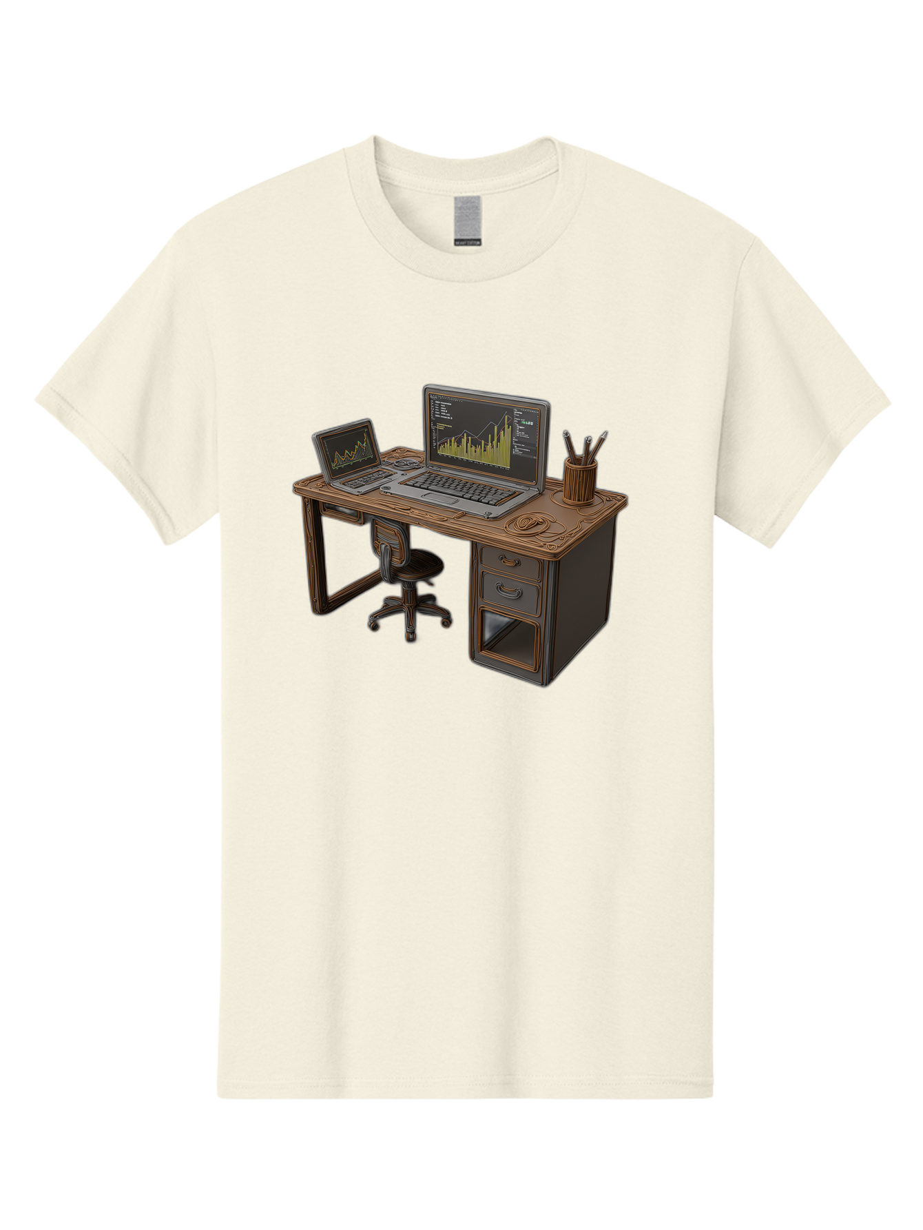 Desk-With-Laptops-And-Stationery Men'S Graphic Tee, 100% Cotton, Comfortable Casual Summer Wear, Machine Washable, Dual Laptop Setup, Home Office, Productivity, Wooden Desk, Office Supplies, Graphs On Screens, Tech Workspace, Workflow, Baa446
