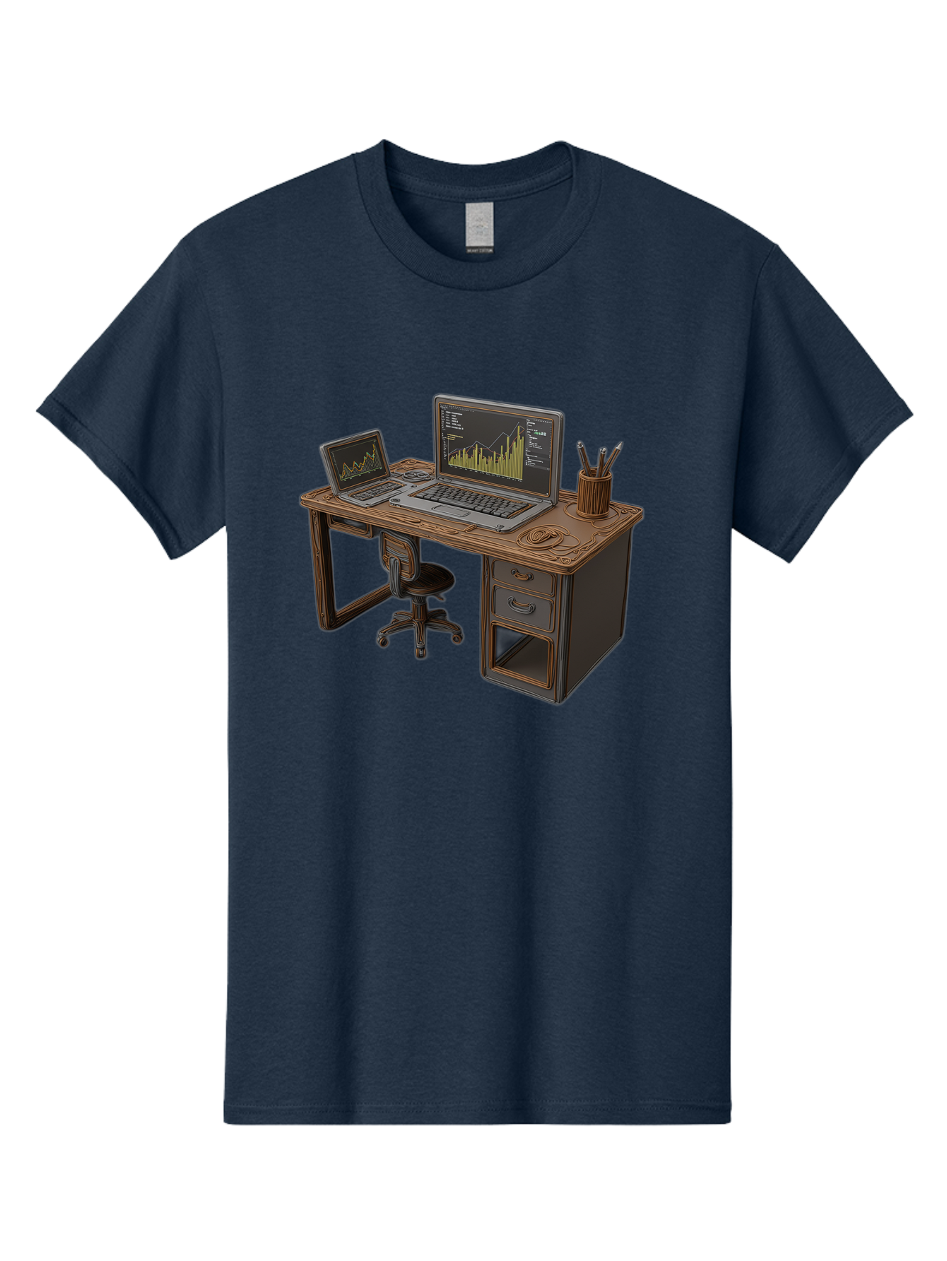 Desk-With-Laptops-And-Stationery Men'S Graphic Tee, 100% Cotton, Comfortable Casual Summer Wear, Machine Washable, Dual Laptop Setup, Home Office, Productivity, Wooden Desk, Office Supplies, Graphs On Screens, Tech Workspace, Workflow, Baa446