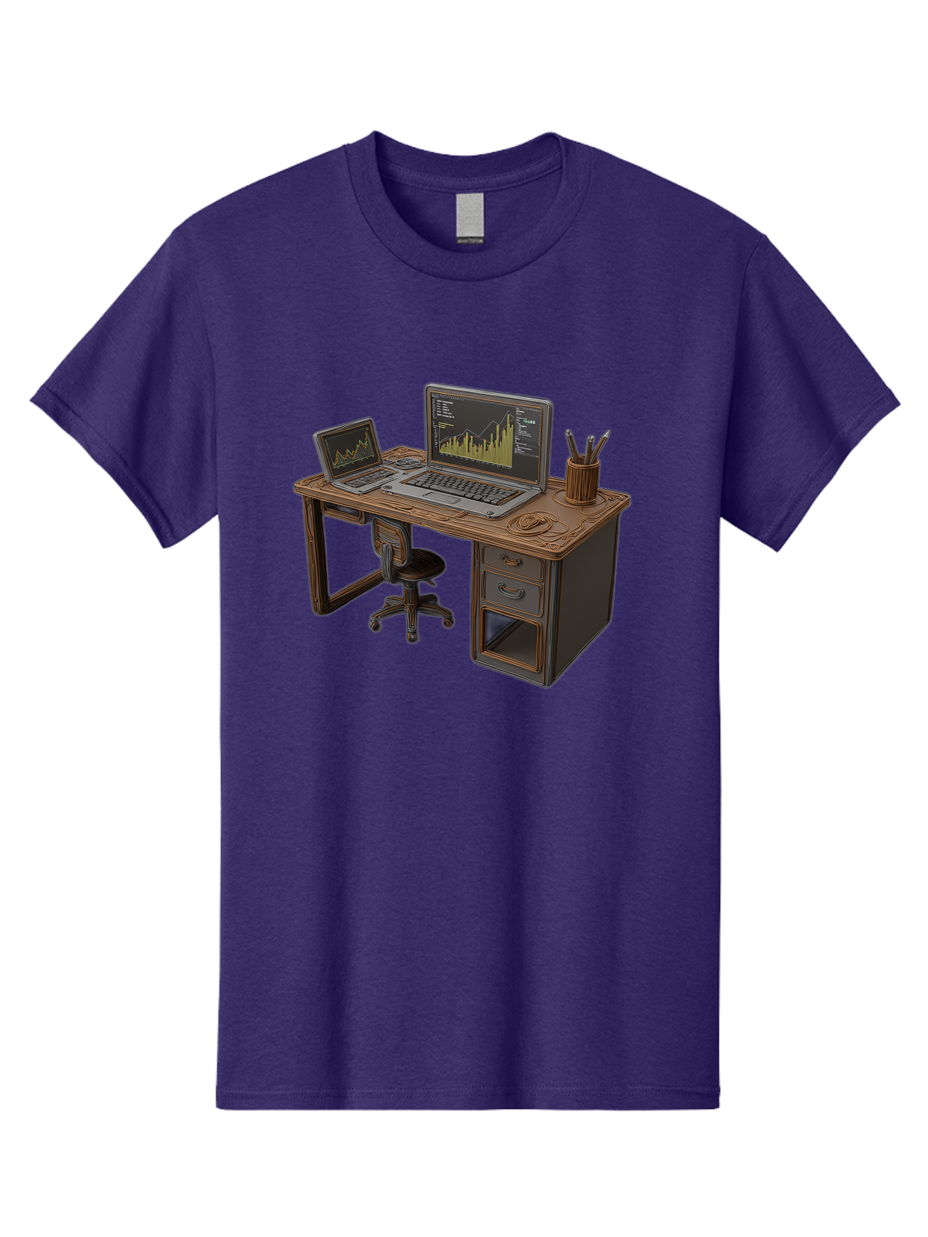 Desk-With-Laptops-And-Stationery Men'S Graphic Tee, 100% Cotton, Comfortable Casual Summer Wear, Machine Washable, Dual Laptop Setup, Home Office, Productivity, Wooden Desk, Office Supplies, Graphs On Screens, Tech Workspace, Workflow, Baa446
