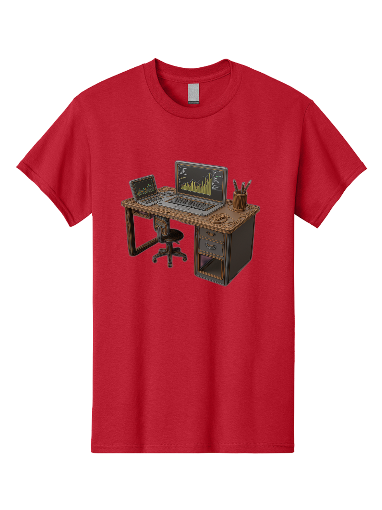 Desk-With-Laptops-And-Stationery Men'S Graphic Tee, 100% Cotton, Comfortable Casual Summer Wear, Machine Washable, Dual Laptop Setup, Home Office, Productivity, Wooden Desk, Office Supplies, Graphs On Screens, Tech Workspace, Workflow, Baa446