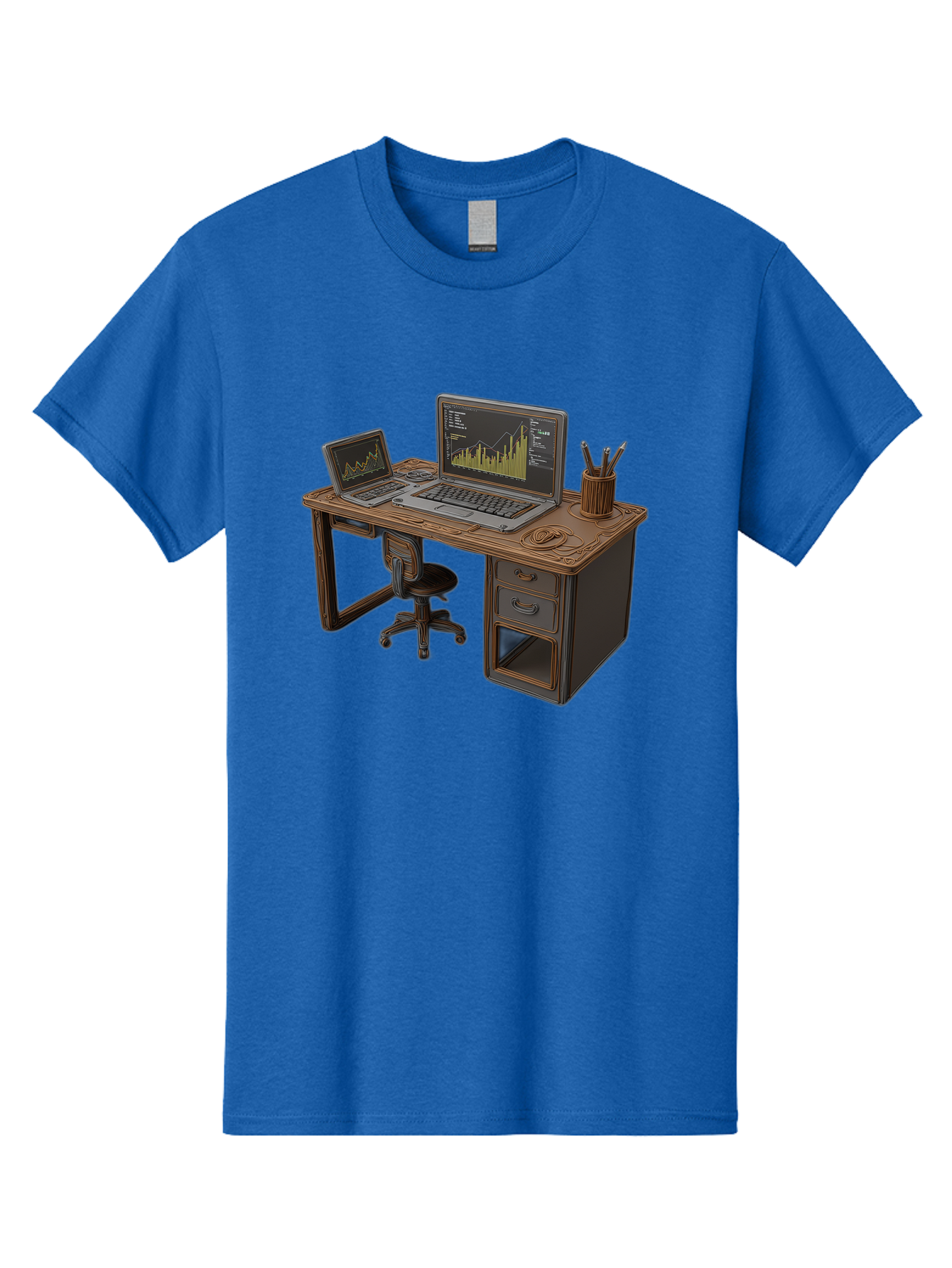 Desk-With-Laptops-And-Stationery Men'S Graphic Tee, 100% Cotton, Comfortable Casual Summer Wear, Machine Washable, Dual Laptop Setup, Home Office, Productivity, Wooden Desk, Office Supplies, Graphs On Screens, Tech Workspace, Workflow, Baa446