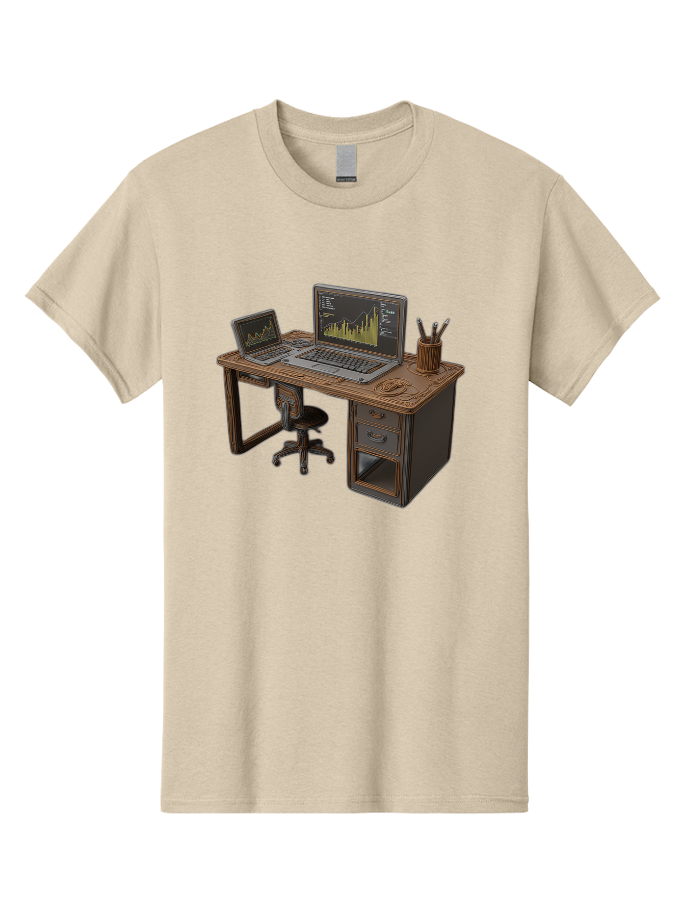 Desk-With-Laptops-And-Stationery Men'S Graphic Tee, 100% Cotton, Comfortable Casual Summer Wear, Machine Washable, Dual Laptop Setup, Home Office, Productivity, Wooden Desk, Office Supplies, Graphs On Screens, Tech Workspace, Workflow, Baa446