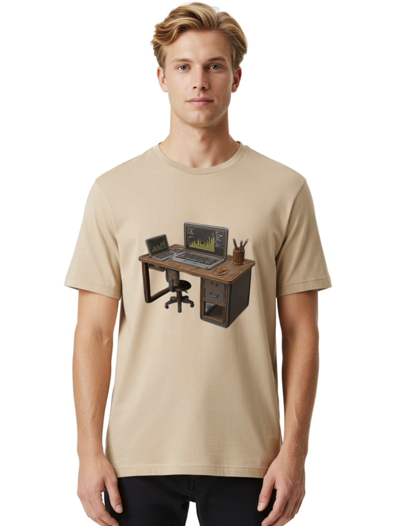 Desk-With-Laptops-And-Stationery Men'S Graphic Tee, 100% Cotton, Comfortable Casual Summer Wear, Machine Washable, Dual Laptop Setup, Home Office, Productivity, Wooden Desk, Office Supplies, Graphs On Screens, Tech Workspace, Workflow, Baa446