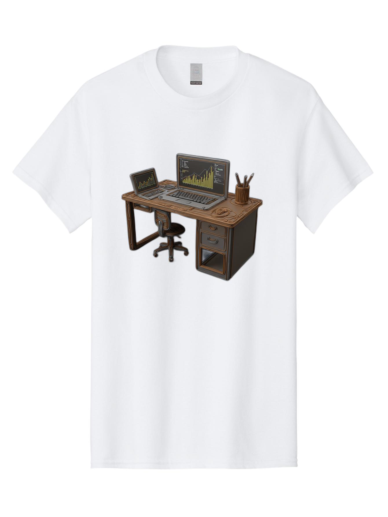 Desk-With-Laptops-And-Stationery Men'S Graphic Tee, 100% Cotton, Comfortable Casual Summer Wear, Machine Washable, Dual Laptop Setup, Home Office, Productivity, Wooden Desk, Office Supplies, Graphs On Screens, Tech Workspace, Workflow, Baa446