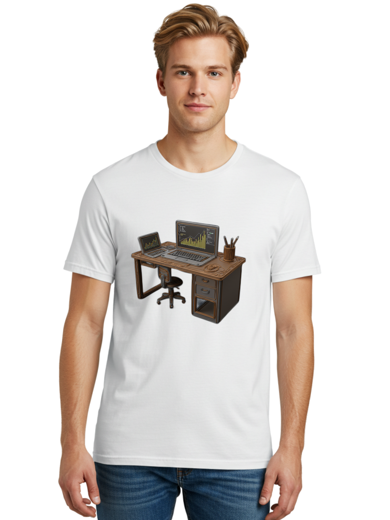 Desk-With-Laptops-And-Stationery Men'S Graphic Tee, 100% Cotton, Comfortable Casual Summer Wear, Machine Washable, Dual Laptop Setup, Home Office, Productivity, Wooden Desk, Office Supplies, Graphs On Screens, Tech Workspace, Workflow, Baa446