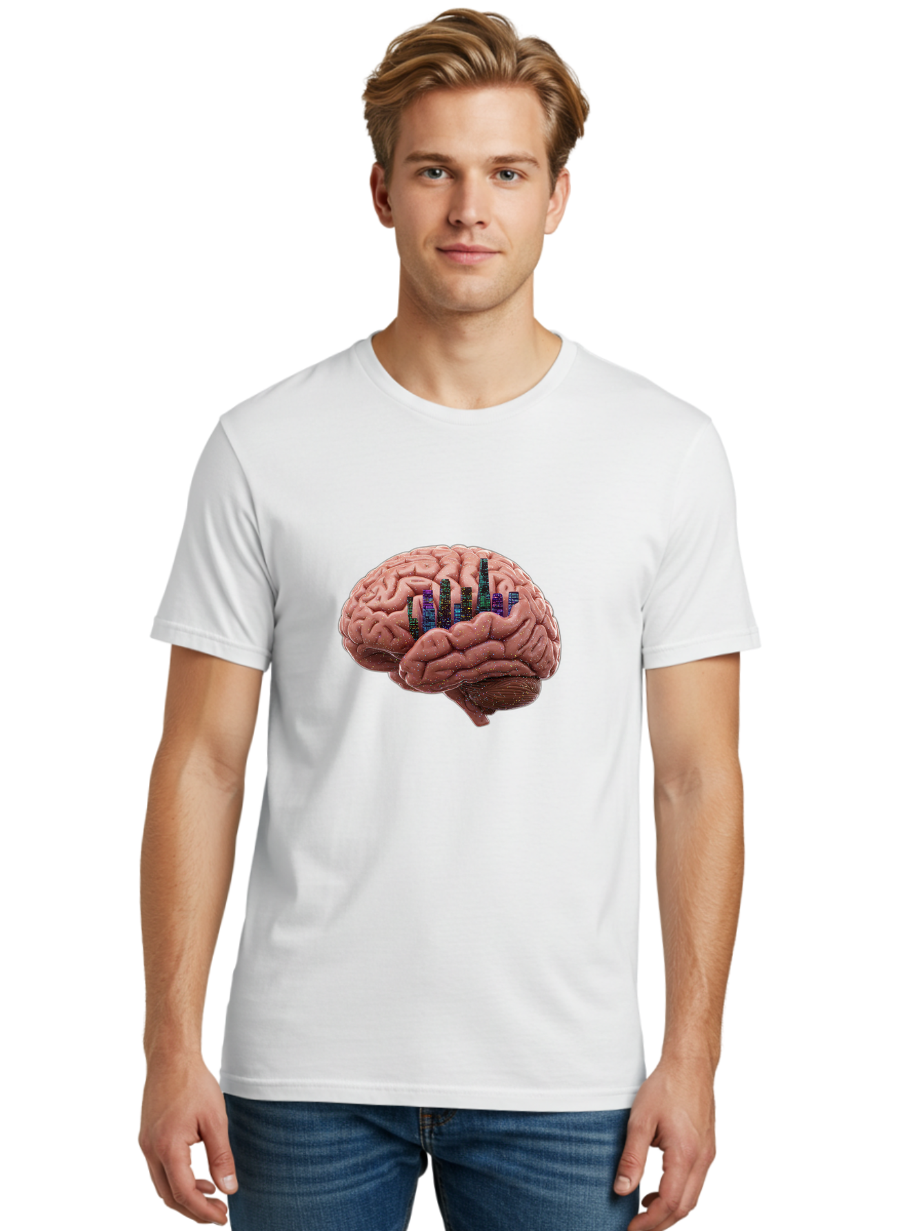 Digital-Brain Men'S Graphic Tee, 100% Cotton, Comfortable Casual Summer Wear, Machine Washable, Human Brain, 3D Barcode, Cognitive Function, Digital Representation, Neuroscience, Technology Integration, Data Encoding, Innovative Concept, Baa449