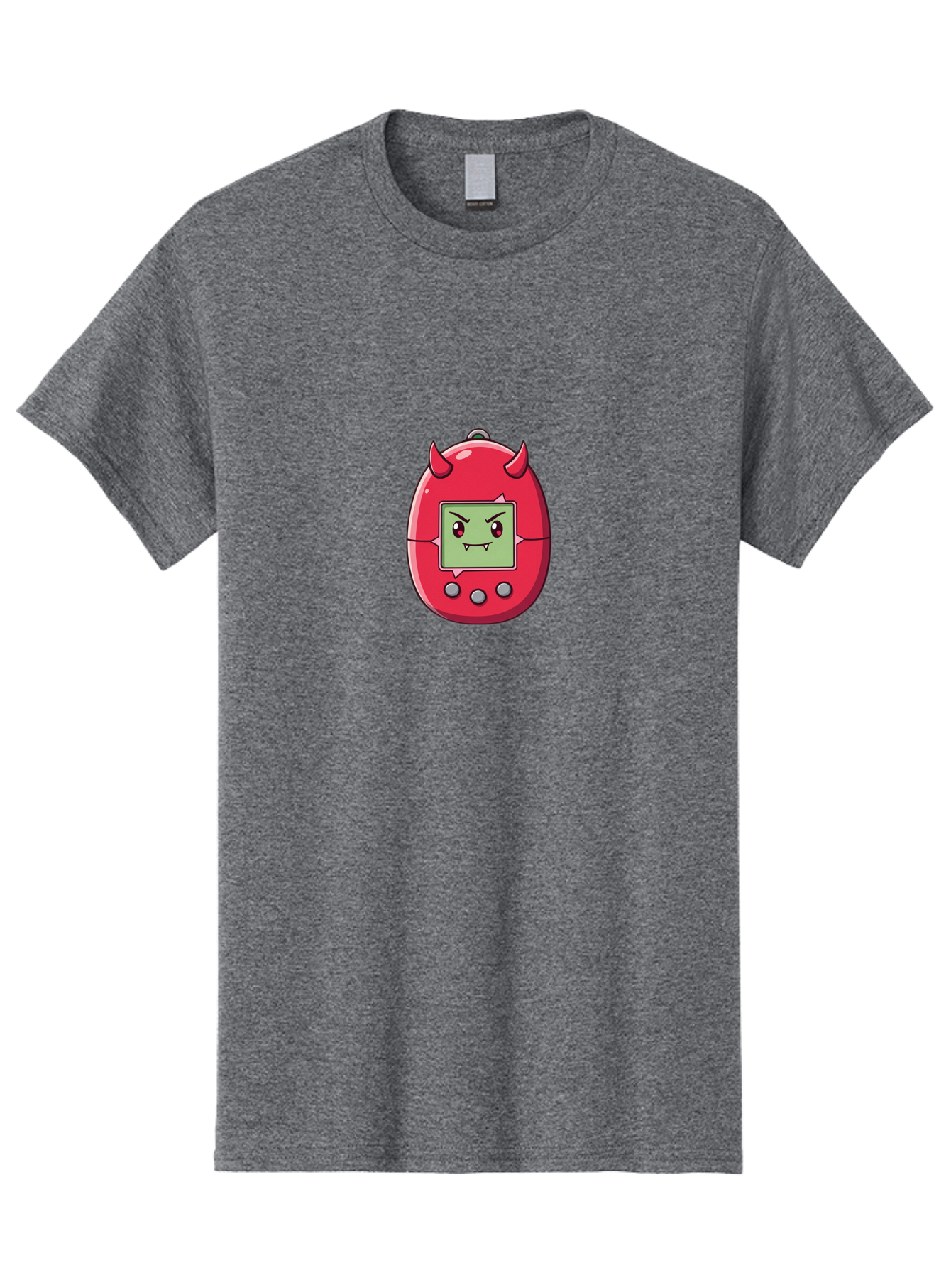 Digital-Monster Men'S Graphic Tee, 100% Cotton, Comfortable Casual Summer Wear, Machine Washable, Retro Digital Pet, Tamagotchi Toy, Cartoon Character, Devil Horns, Angry Face, Red And Green Colors, Nostalgic Gaming, Childhood Memories, Baa450