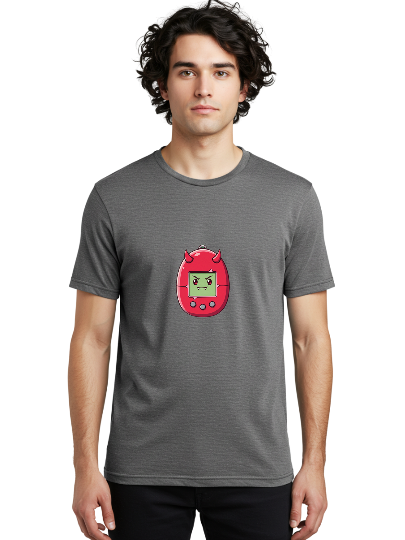 Digital-Monster Men'S Graphic Tee, 100% Cotton, Comfortable Casual Summer Wear, Machine Washable, Retro Digital Pet, Tamagotchi Toy, Cartoon Character, Devil Horns, Angry Face, Red And Green Colors, Nostalgic Gaming, Childhood Memories, Baa450