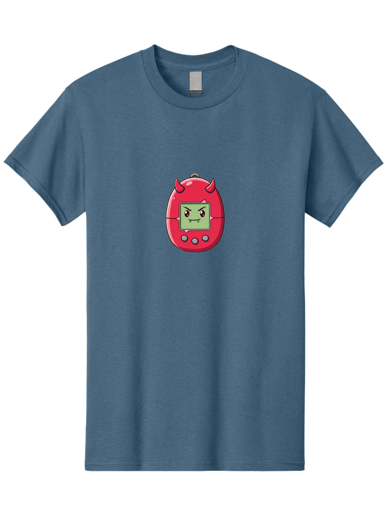 Digital-Monster Men'S Graphic Tee, 100% Cotton, Comfortable Casual Summer Wear, Machine Washable, Retro Digital Pet, Tamagotchi Toy, Cartoon Character, Devil Horns, Angry Face, Red And Green Colors, Nostalgic Gaming, Childhood Memories, Baa450
