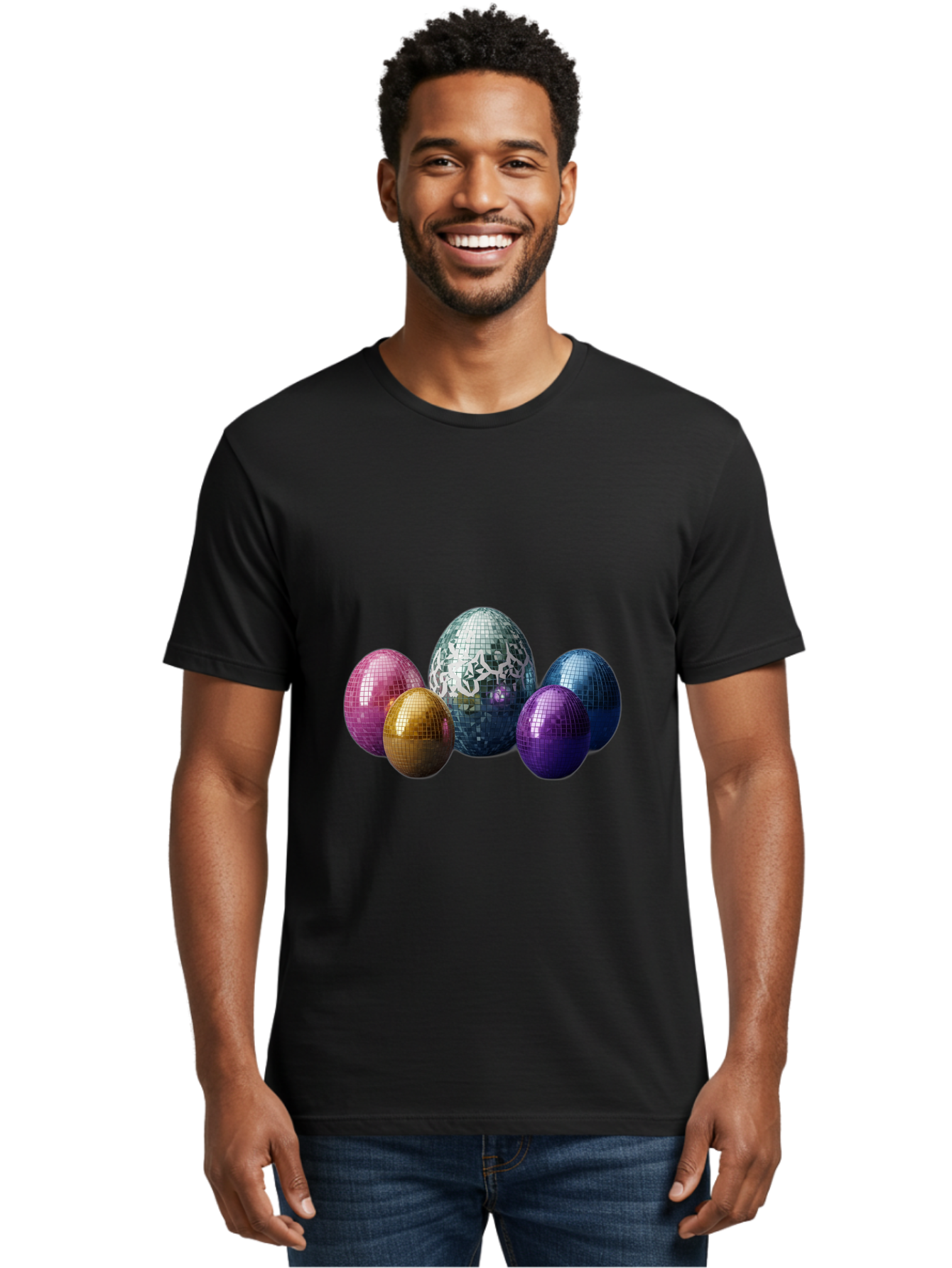 Disco-Eggs Men'S Graphic Tee, 100% Cotton, Comfortable Casual Summer Wear, Machine Washable, Disco Eggs, Mirrored Eggs, Colorful Eggs, Easter Eggs, Shiny Eggs, Festive Decoration, Party Accessories, Reflective Surfaces, Vibrant Colors, Baa452