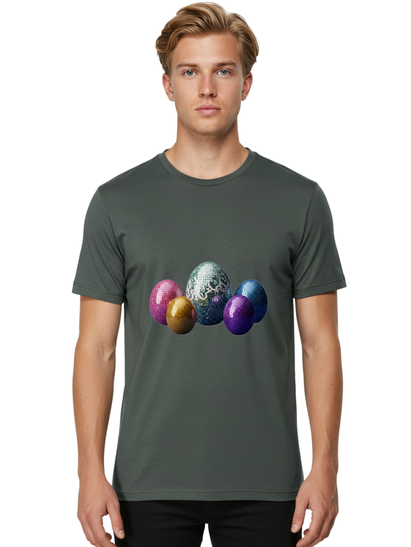 Disco-Eggs Men'S Graphic Tee, 100% Cotton, Comfortable Casual Summer Wear, Machine Washable, Disco Eggs, Mirrored Eggs, Colorful Eggs, Easter Eggs, Shiny Eggs, Festive Decoration, Party Accessories, Reflective Surfaces, Vibrant Colors, Baa452