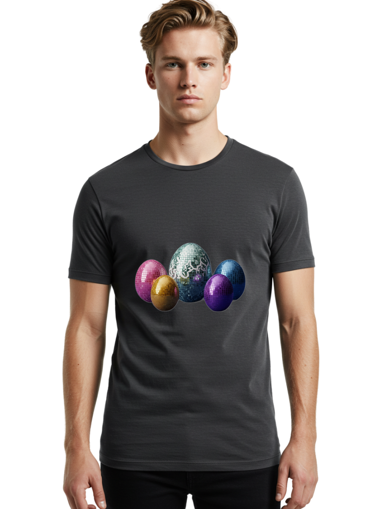 Disco-Eggs Men'S Graphic Tee, 100% Cotton, Comfortable Casual Summer Wear, Machine Washable, Disco Eggs, Mirrored Eggs, Colorful Eggs, Easter Eggs, Shiny Eggs, Festive Decoration, Party Accessories, Reflective Surfaces, Vibrant Colors, Baa452