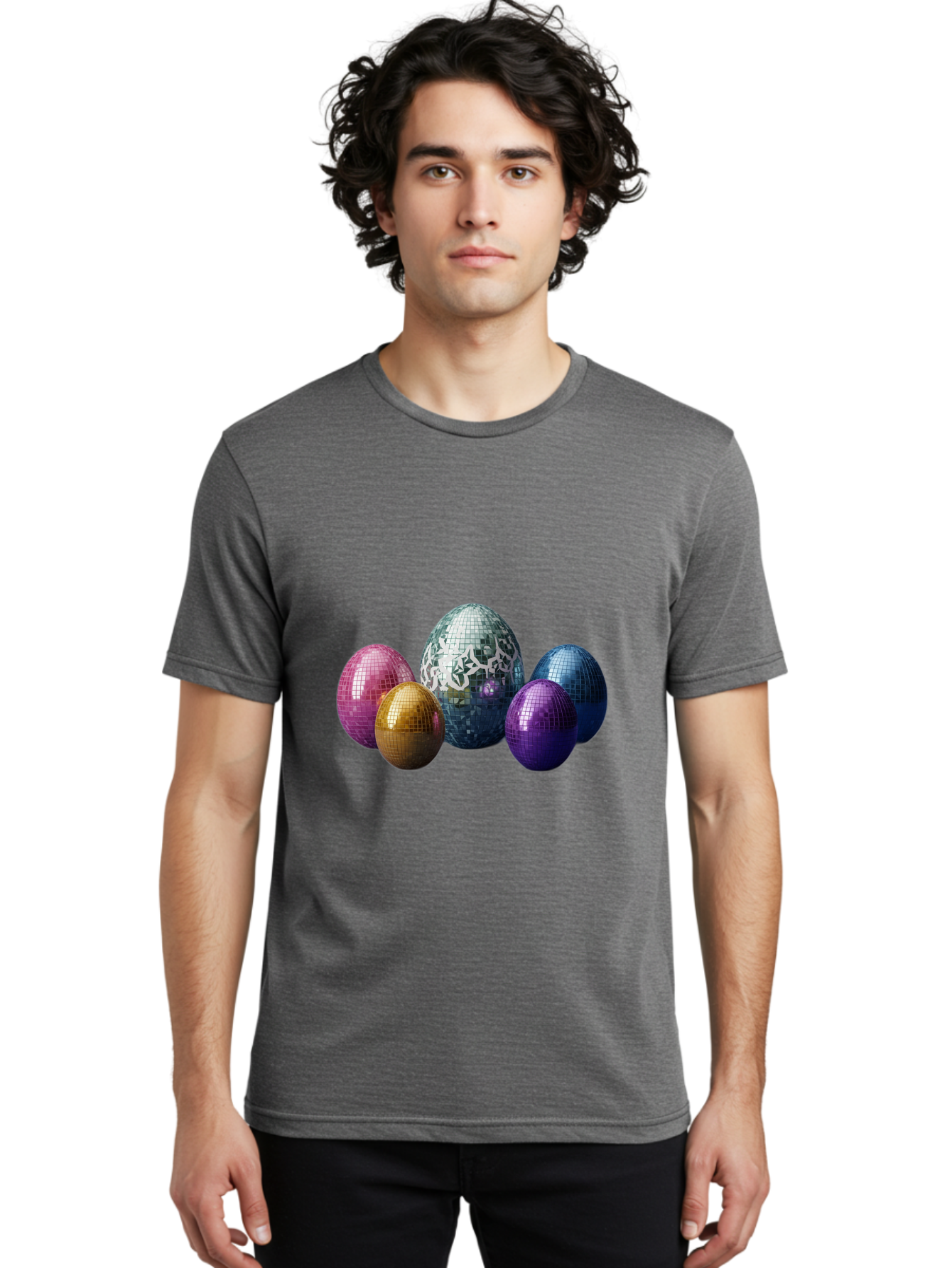 Disco-Eggs Men'S Graphic Tee, 100% Cotton, Comfortable Casual Summer Wear, Machine Washable, Disco Eggs, Mirrored Eggs, Colorful Eggs, Easter Eggs, Shiny Eggs, Festive Decoration, Party Accessories, Reflective Surfaces, Vibrant Colors, Baa452